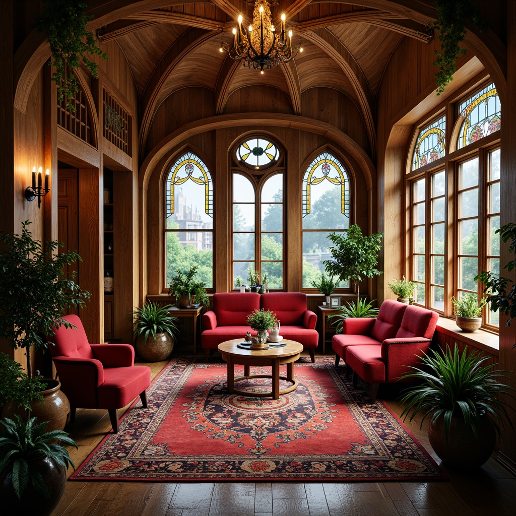 Prompt: Whimsical art nouveau interior, ornate wooden furnishings, sinuous lines, flowing curves, organic forms, stained glass windows, intricate metalwork, velvety upholstery, rich jewel tones, luxurious textiles, plush rugs, dramatic chandeliers, soft warm lighting, 1/1 composition, shallow depth of field, realistic reflections, ambient occlusion.