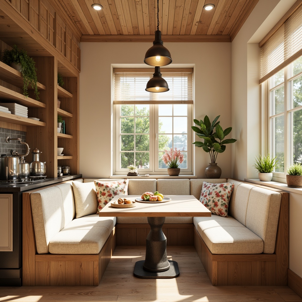 Prompt: Cozy breakfast nook, warm wooden accents, soft cream colors, natural stone countertops, pendant lights, industrial metal shades, Edison bulb fixtures, recessed lighting, warm beige tones, built-in banquettes, plush cushions, floral patterns, sunny morning light, soft shadows, 1/1 composition, intimate atmosphere, realistic wood textures.