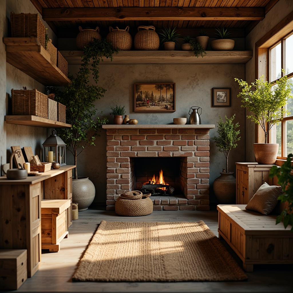 Prompt: Cozy rustic storage room, reclaimed wood accents, vintage metal lanterns, earthy color palette, woven baskets, natural fiber textiles, jute rugs, distressed wooden crates, industrial metal shelving, warm ambient lighting, shallow depth of field, 1/1 composition, realistic textures, soft warm colors, organic shapes, natural materials, woven fibers, tactile sensations.