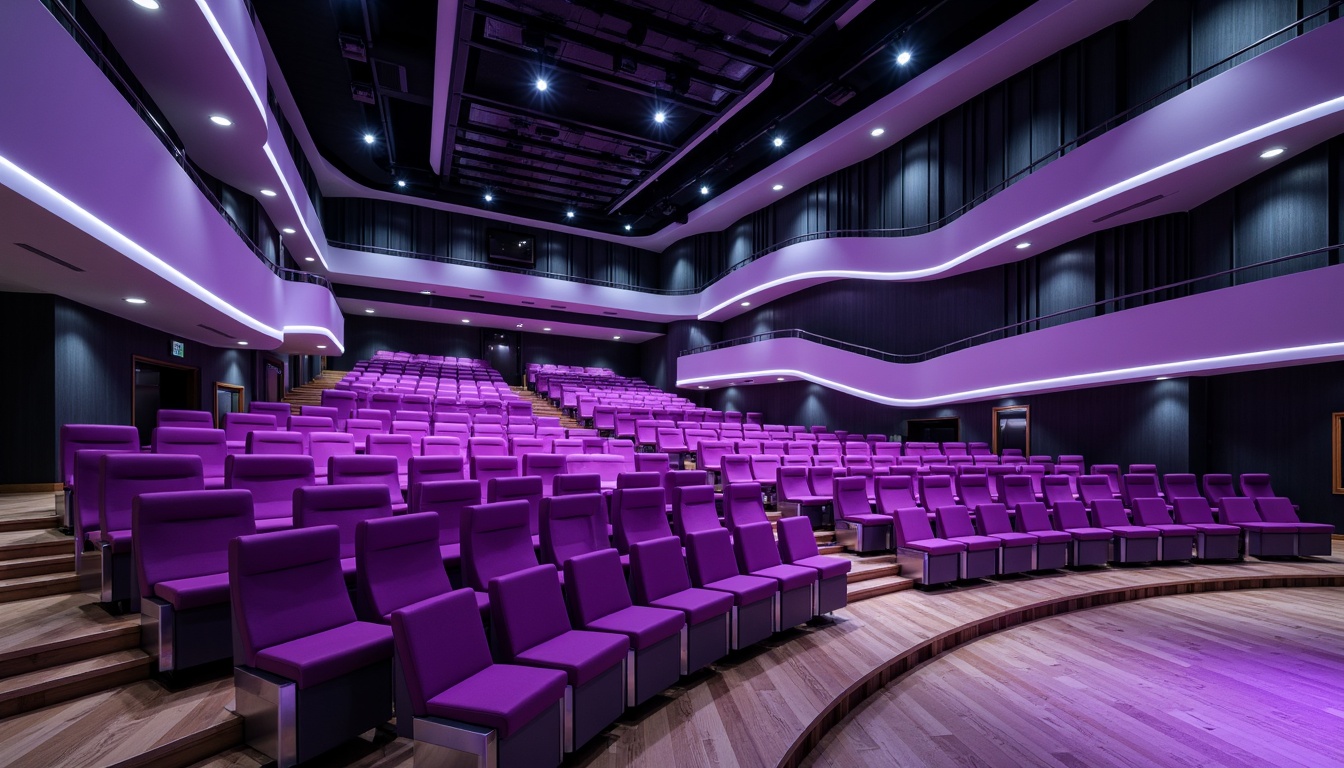 Prompt: Modern auditorium interior, sleek contemporary style, curved rows of seats, vibrant purple upholstery, metallic silver accents, angular lines, minimalist design, ambient lighting, spotlights on ceiling, wooden floorboards, tiered seating arrangement, comfortable cushioning, premium materials, ergonomic chair design, acoustic panels, sound-absorbing textiles, bold color scheme, futuristic ambiance, shallow depth of field, 3/4 composition, panoramic view, realistic textures.