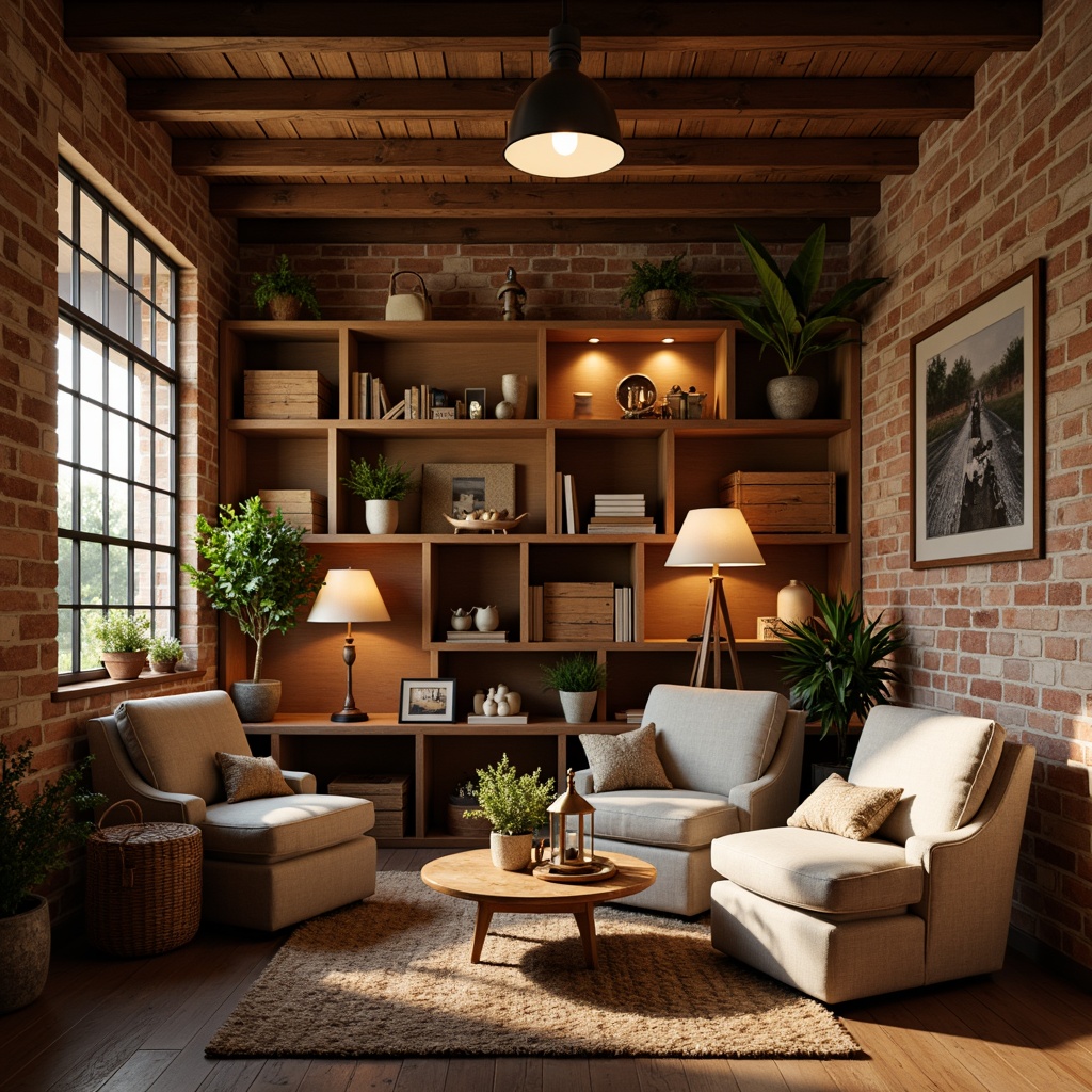 Prompt: Cozy rustic storage room, warm earthy tones, natural wood accents, vintage metal lanterns, soft warm lighting, table lamps, floor lamps, pendant lights, industrial metal shades, exposed brick walls, reclaimed wood crates, woven baskets, natural fiber rugs, comfortable plush armchairs, rustic wooden tables, metal decorative signs, warm beige colors, soft shadows, low-key lighting, 1/1 composition, realistic textures, ambient occlusion.