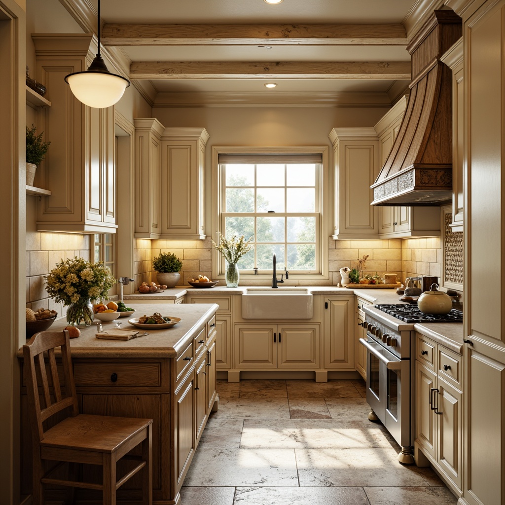 Prompt: Timeless traditional kitchen, warm beige countertops, creamy white cabinets, ornate wooden furniture, classic pendant lighting, elegant crown molding, soft natural stone flooring, rustic wood accents, vintage-inspired appliances, earthy tone color scheme, warm ambient lighting, 1/1 composition, realistic textures, subtle specularity.