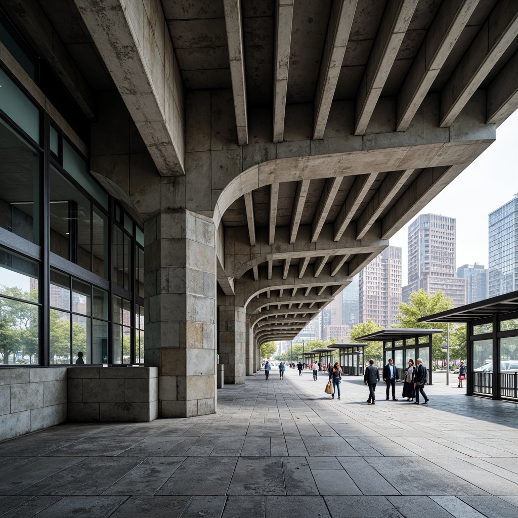 Prompt: Exposed concrete beams, raw brutalist architecture, industrial-style bus shelters, angular metal frames, reinforced concrete columns, rough-textured stone walls, geometric-patterned flooring, minimalist urban design, functional lighting systems, cantilevered roof structures, oversized windows, urban landscape views, bustling city atmosphere, natural daylight, high-contrast shadows, dramatic architectural forms, brutalist-inspired murals, distressed metal accents, cold industrial ambiance.