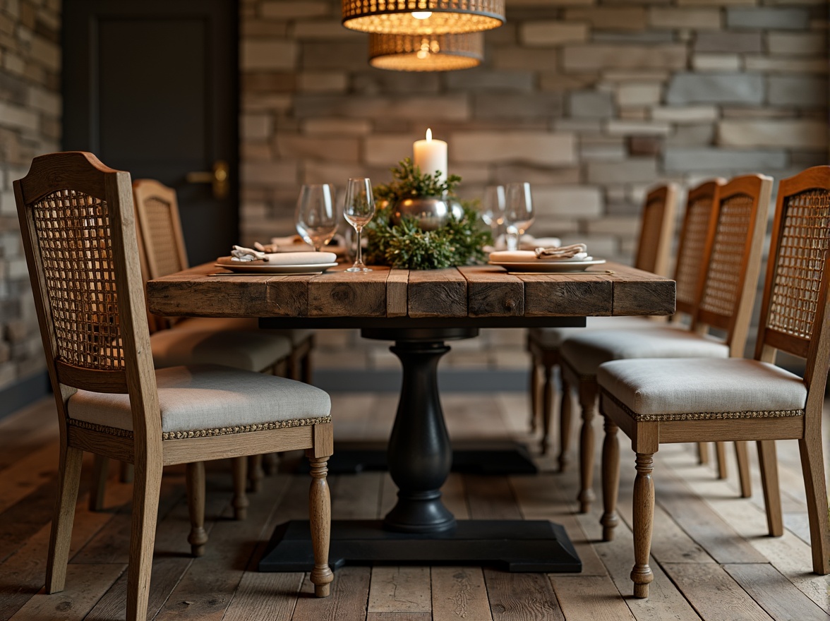 Prompt: Rustic wooden table, reclaimed barn wood, distressed finishes, metal legs, turned pedestal base, natural linen upholstery, woven rattan chairs, vintage pendant lighting, earthy tone color scheme, stone wall backdrop, wooden floorboards, greenery garland centerpiece, mercury glass vases, soft warm candlelight, shallow depth of field, 1/1 composition, realistic textures, ambient occlusion.