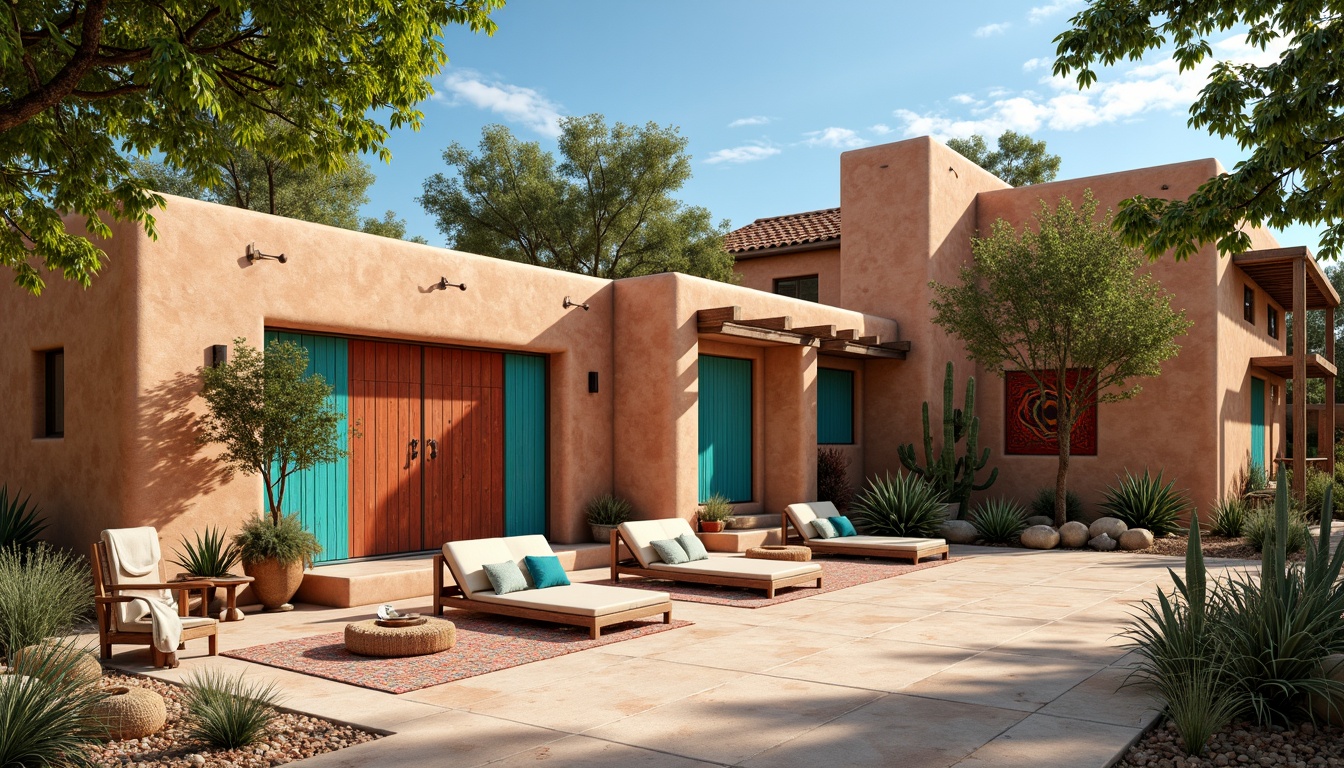 Prompt: Vibrant turquoise accents, bold red and orange hues, woven Native American patterns, rustic wooden garage doors, earthy adobe walls, clay tile roofs, lush greenery, cacti plants, sunny Arizona day, warm natural light, shallow depth of field, 3/4 composition, panoramic view, realistic textures, ambient occlusion, Southwestern-inspired furniture, colorful tapestries, woven baskets, geometric-shaped rugs, plush throw blankets, family photos, vintage car displays, eclectic decorative items.