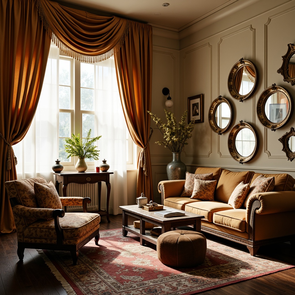 Prompt: Elegant velvet sofas, ornate wooden armchairs, intricately carved coffee tables, luxurious silk curtains, richly patterned rugs, soft golden lighting, ornamental mirrors, antique vases, fresh flower arrangements, distressed leather ottomans, vintage-inspired decorative accents, warm beige walls, dark wood flooring, cozy reading nooks, intimate conversation areas, dramatic drapery, lavish upholstery fabrics, subtle pastel hues, whimsical accessories, classic literary quotes, soft focus photography, 1/2 composition, warm color palette, inviting textures.