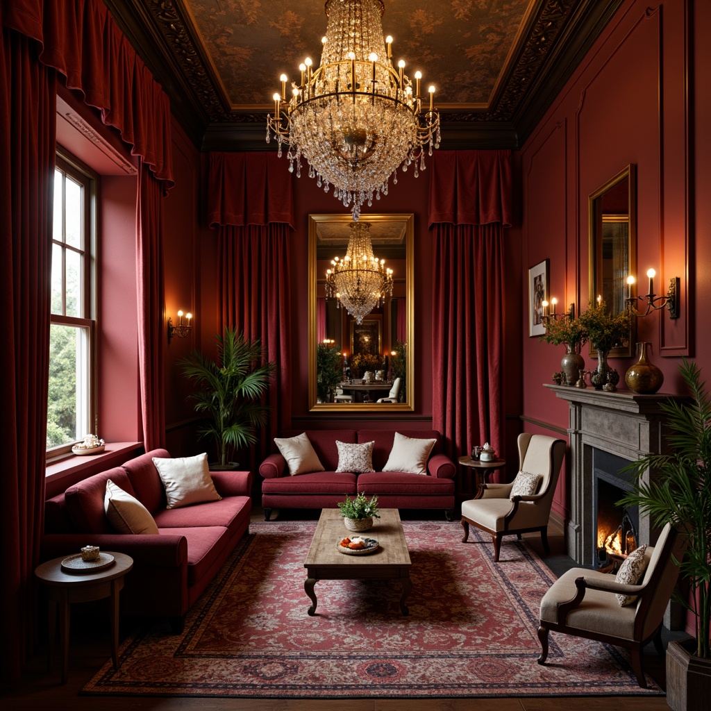 Prompt: Rich burgundy walls, luxurious velvet fabrics, ornate golden accents, dark wood furniture, lavish crystal chandeliers, regal patterned rugs, sophisticated neutral backgrounds, intimate ambient lighting, shallow depth of field, 2/3 composition, warm earthy tones, opulent textures, subtle sheen effects.