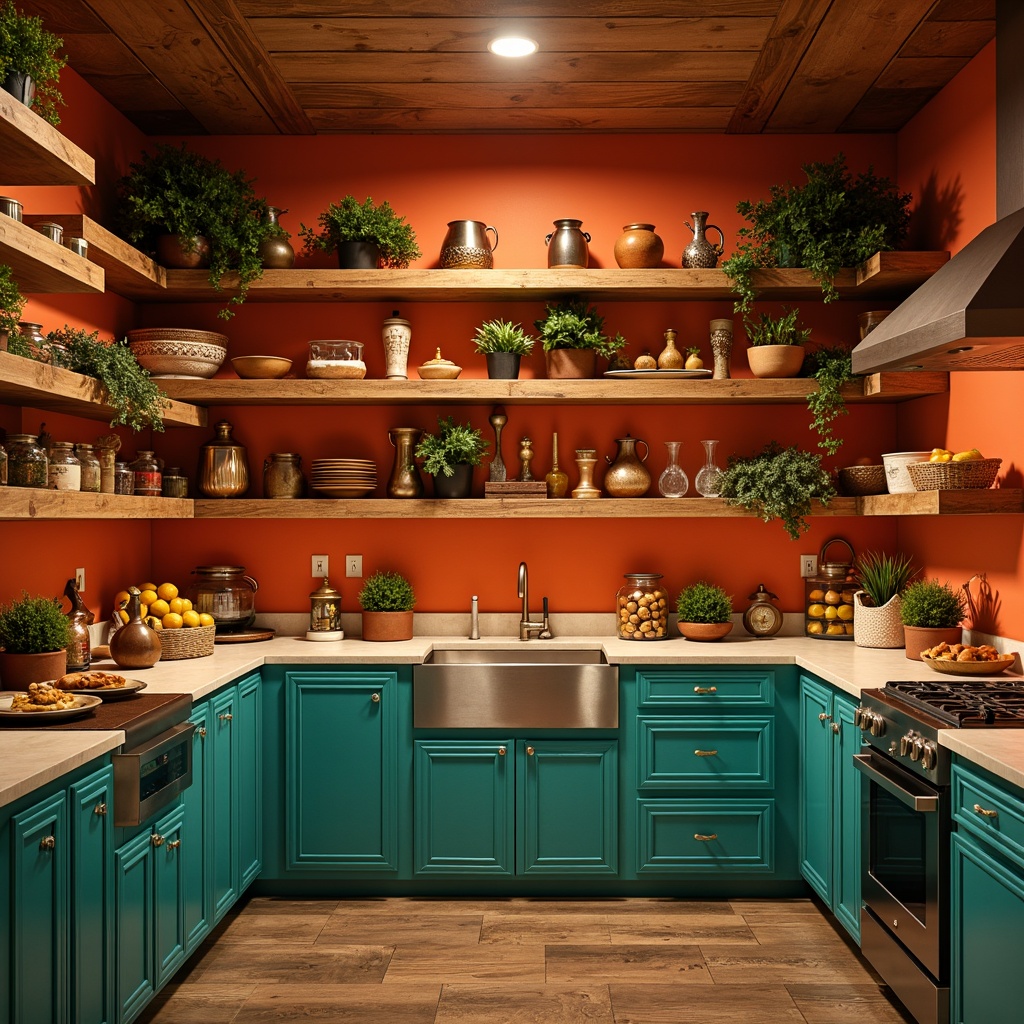 Prompt: Warm pantry interior, rustic wooden shelves, vintage metal utensils, vibrant orange walls, rich turquoise cabinets, soft golden lighting, warm beige countertops, eclectic decorative accents, ornate ceramic vases, lush greenery, fresh fruit arrangements, aromatic spice jars, modern kitchen appliances, sleek stainless steel surfaces, shallow depth of field, 1/2 composition, realistic textures, ambient occlusion.