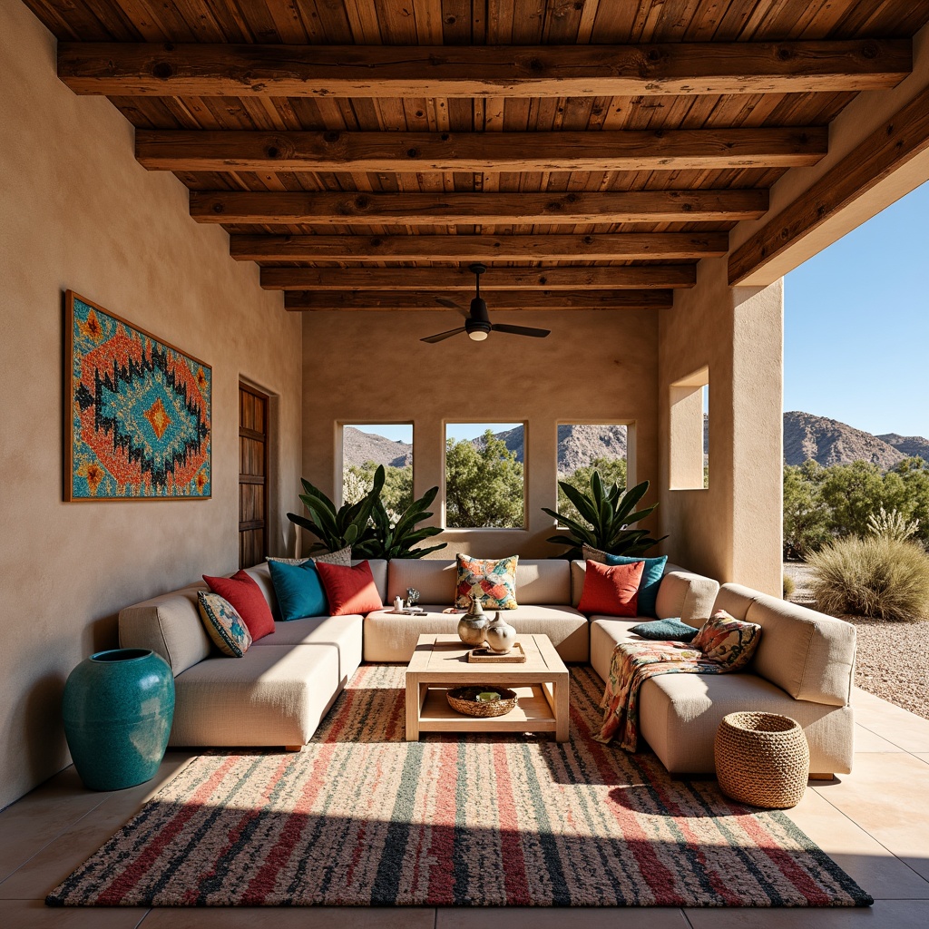 Prompt: \Southwestern family garage, vibrant turquoise accents, colorful woven blankets, natural fiber rugs, rustic wooden beams, earthy adobe walls, traditional Native American patterns, geometric Aztec motifs, warm cozy lighting, soft shadows, 1/1 composition, intimate close-up shots, realistic textures, ambient occlusion, desert landscape views, cacti silhouettes, warm sunny day, clear blue sky.\Let me know if this meets your expectations!