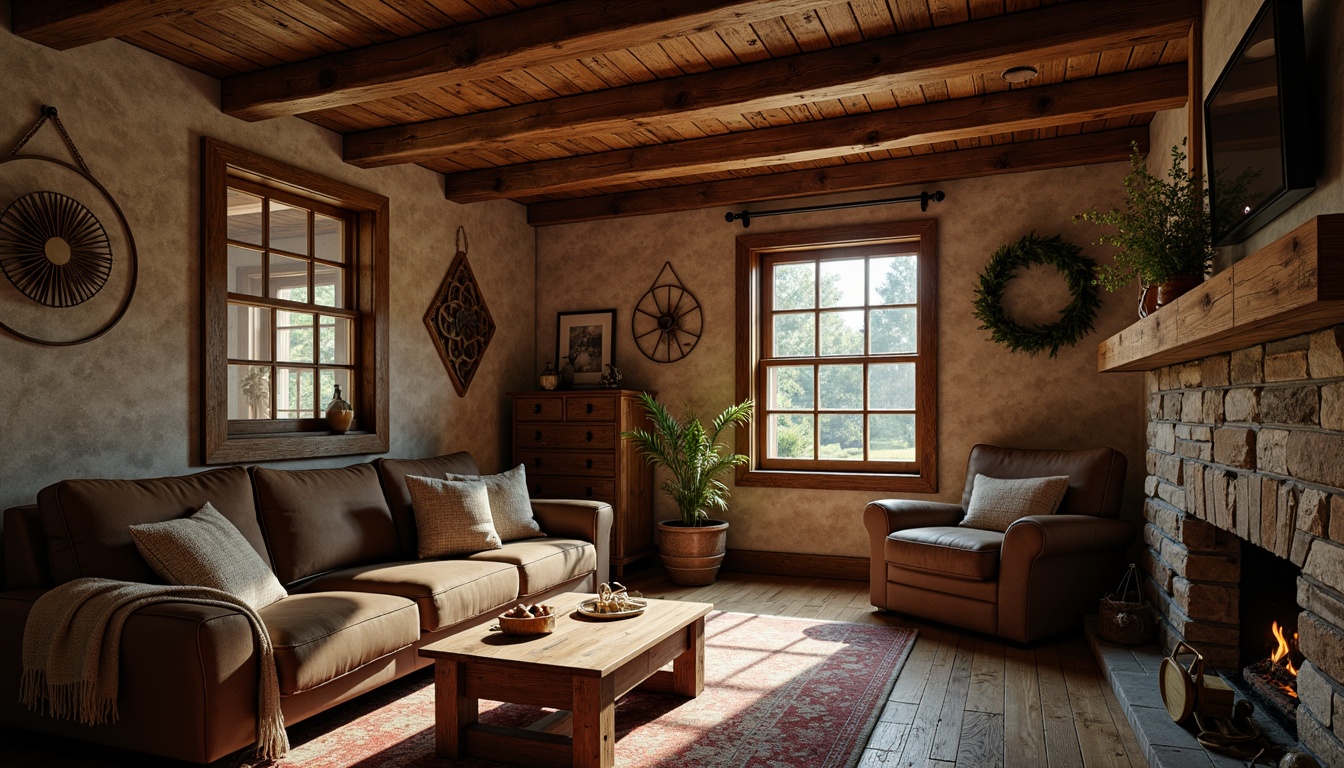 Prompt: Rustic cabin, reclaimed wood walls, natural stone textures, earthy color palette, wooden beams, distressed finishes, vintage decorations, cozy atmosphere, warm candlelight, soft shadows, 3/4 composition, shallow depth of field, realistic wood grain, ambient occlusion.