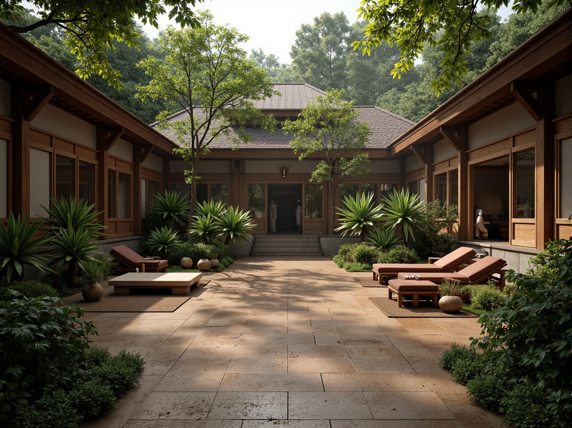 Prompt: Tranquil monastery courtyard, lush greenery, exotic plants, wooden benches, stone pathways, rustic stone walls, tropical hardwood floors, woven bamboo furniture, natural fiber textiles, earthy tone ceramics, ambient warm lighting, soft misting systems, shallow depth of field, 1/1 composition, realistic wood grain textures, atmospheric fog effects.