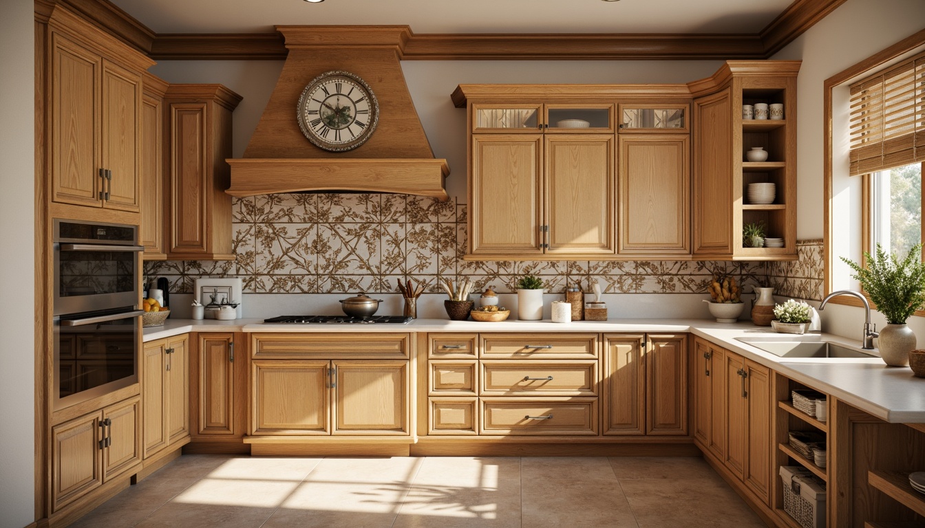 Prompt: Elegant traditional kitchen, warm beige cabinets, rich wood tones, ornate crown molding, creamy white countertops, decorative tile backsplash, intricate ceramic patterns, earthy natural stone, soft warm lighting, shallow depth of field, 1/1 composition, realistic textures, ambient occlusion.