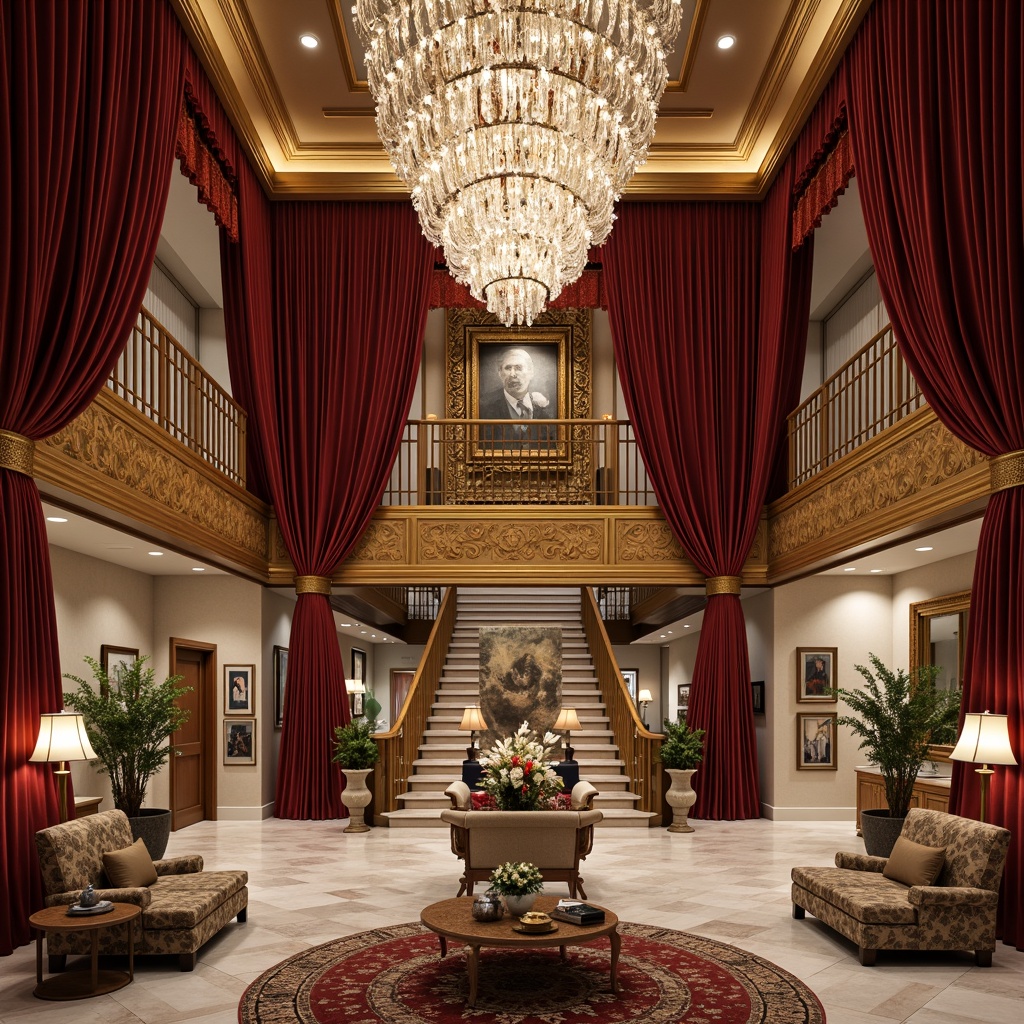 Prompt: Opulent lobby, grand chandelier, marble floors, velvet drapes, gilded frames, ornate furnishings, rich tapestries, intricate carvings, lavish fabrics, golden accents, crystal fixtures, majestic staircase, luxurious suites, regal bathrooms, lavish amenities, warm ambient lighting, soft focus, shallow depth of field, 1/1 composition, detailed textures, realistic reflections.