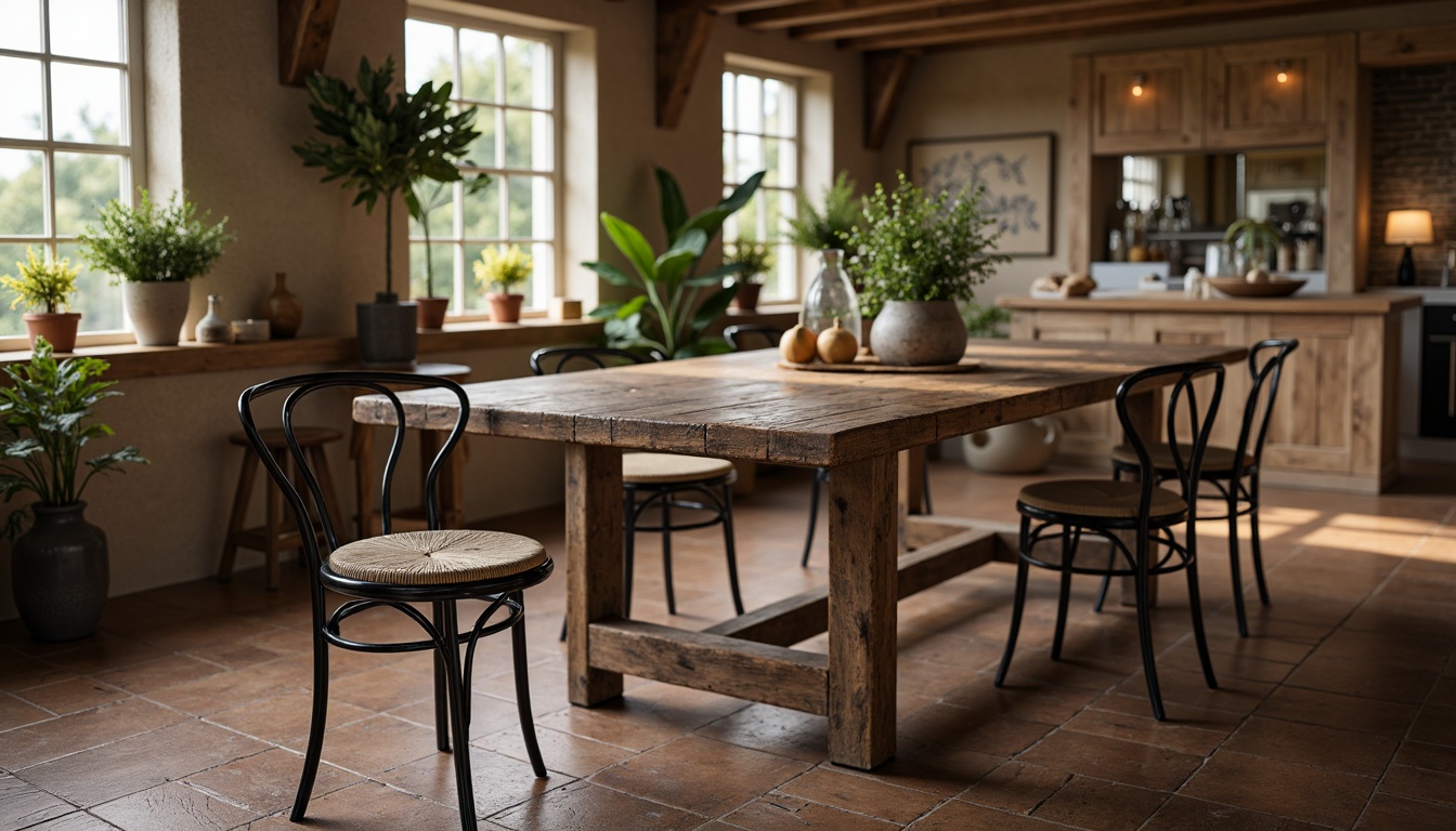 Prompt: Rustic wooden table, reclaimed barn wood, distressed finish, chunky legs, natural texture, earthy tone, vintage metal chairs, woven rush seats, linen upholstery, soft warm lighting, shallow depth of field, 3/4 composition, panoramic view, realistic textures, ambient occlusion, farmhouse decor, country charm, cozy atmosphere, natural materials, organic shapes, botanical elements, potted plants, flower arrangements, vintage decorations, wooden accents, exposed beams, stone walls, brick floors.