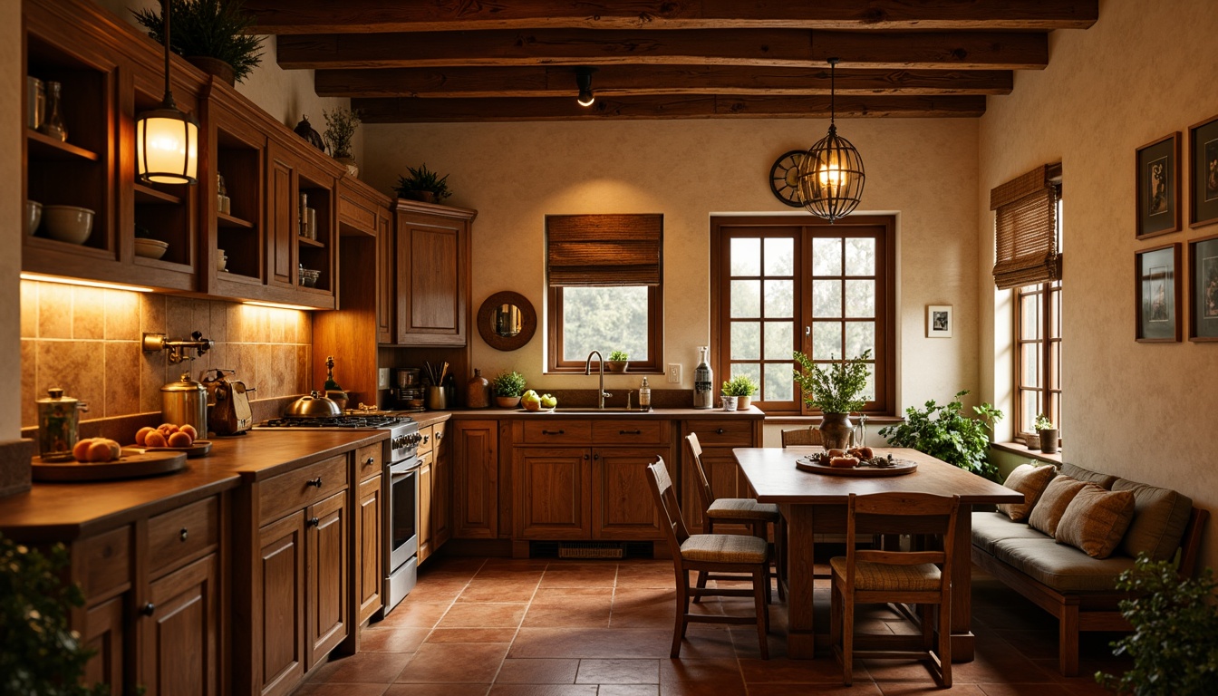 Prompt: Cozy traditional kitchen, warm beige walls, rich wood cabinetry, soft golden lighting, pendant lanterns, candle-like chandeliers, rustic metal fixtures, earthy tone countertops, natural stone backsplashes, warm terracotta flooring, inviting breakfast nook, comfortable seating area, warm color palette, ambient illumination, layered lighting, subtle shadows, 1/2 composition, atmospheric perspective, soft focus effect.