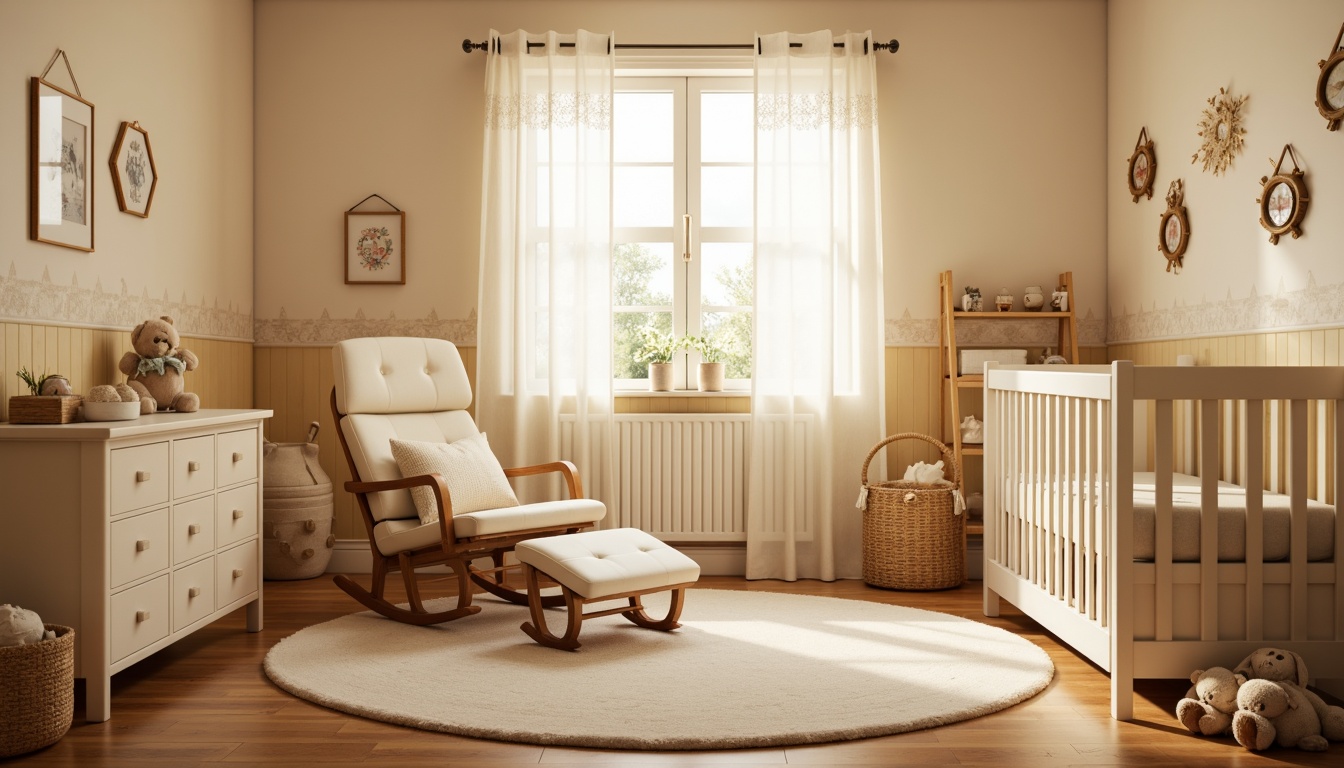 Prompt: Cozy baby room, warm beige walls, soft cream-colored carpet, plush area rug, comfortable glider rocker, natural wood crib, gentle curves, delicate lace curtains, sweet pastel colors, adorable teddy bear decorations, creamy white furniture, rounded edges, soothing ambient lighting, calm atmosphere, peaceful nursery setting, warm golden lighting, shallow depth of field, 1/1 composition, intimate portrait view.