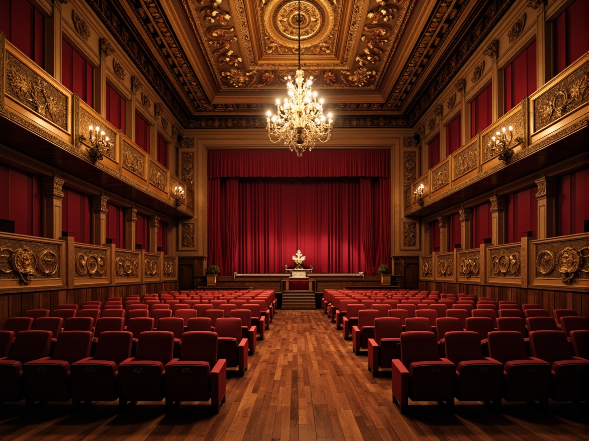 Prompt: Elegant theater interior, traditional style, ornate ceiling details, red velvet curtains, golden chandeliers, wooden floorboards, plush crimson seats, tiered seating arrangement, optimal viewing angles, central aisle, grand balconies, intricate carvings, soft warm lighting, dramatic shadows, 1/2 composition, realistic textures, ambient occlusion.