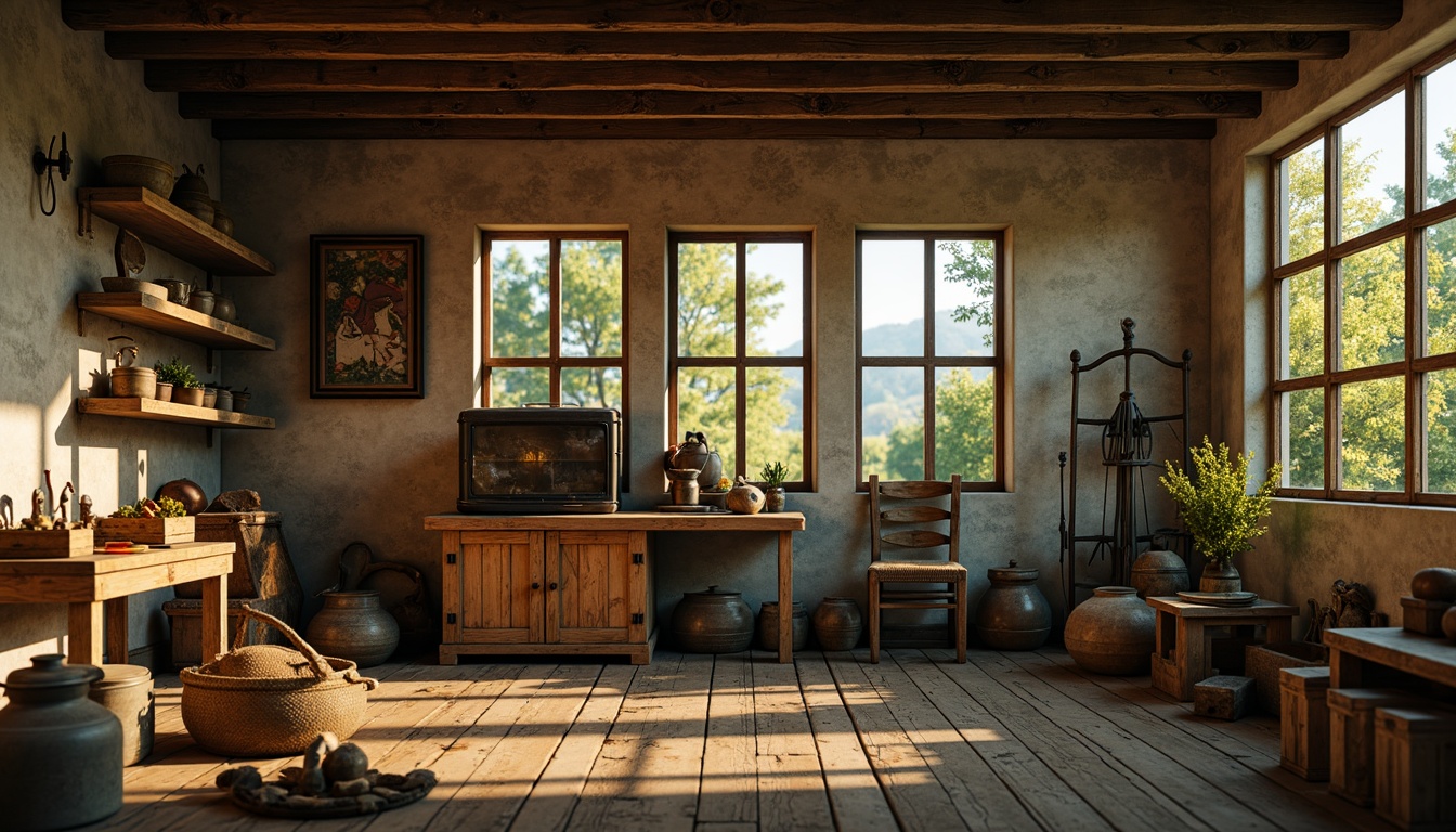 Prompt: Earthy tones, weathered wood, rusty metal accents, vintage farm tools, distressed textures, natural stone walls, mossy greens, sky blue hints, warm beige backgrounds, soft sunset lighting, cinematic depth of field, 2/3 composition, realistic grain effects, ambient occlusion.