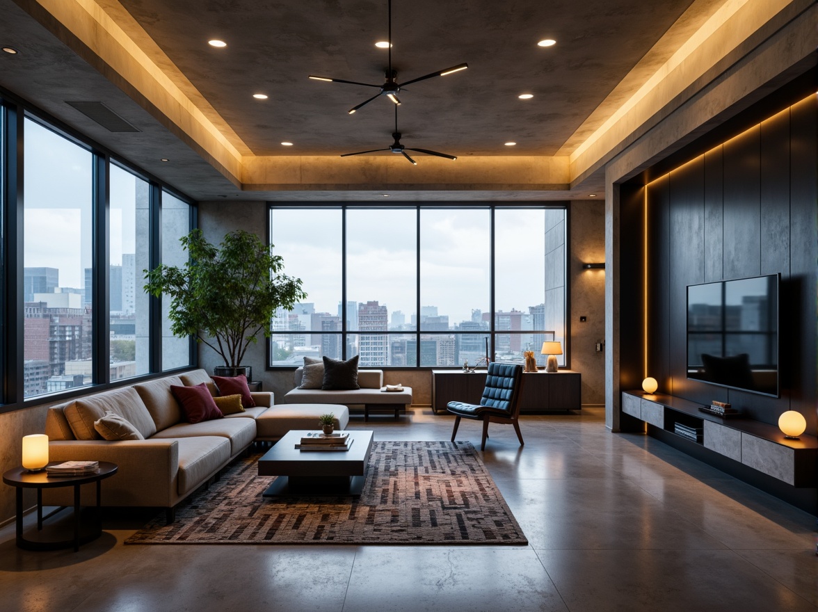 Prompt: Modern living room, sleek low-profile ceiling lights, minimalist pendant lamps, warm soft glowing table lamps, floor-to-ceiling windows, natural daylight, urban cityscape views, polished concrete floors, industrial-chic metal accents, monochromatic color scheme, Scandinavian-inspired furniture, geometric patterned rugs, ambient indirect lighting, 1/2 composition, shallow depth of field, realistic textures, high-contrast ratio.