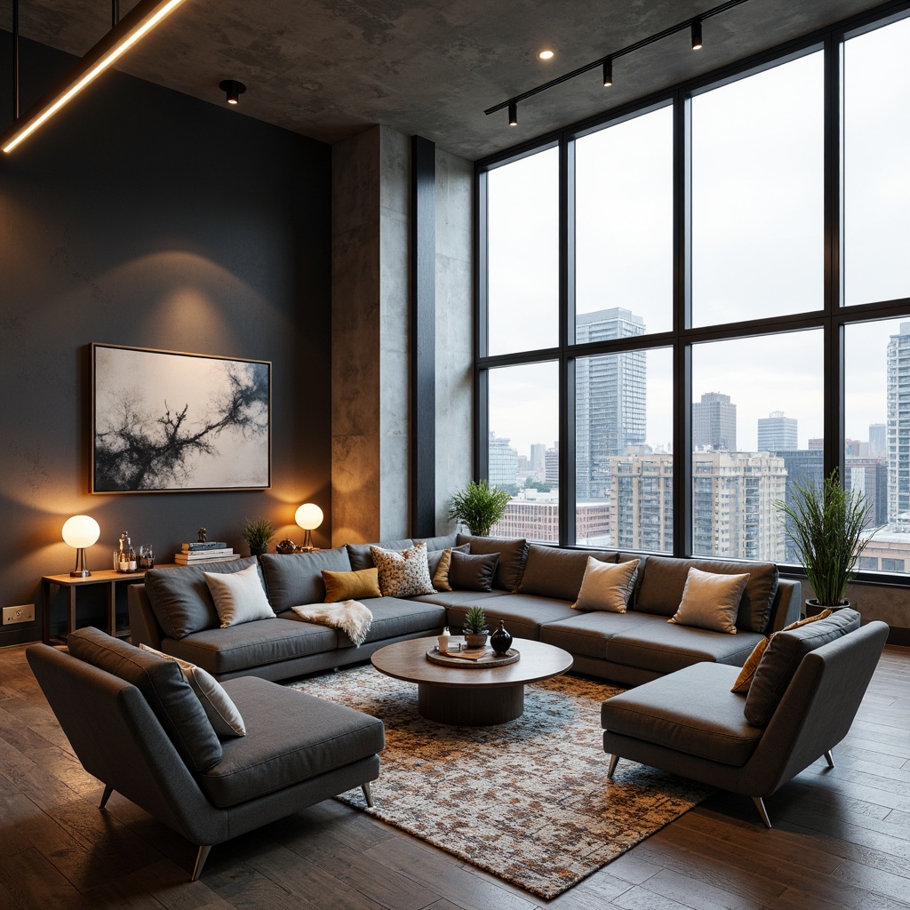 Prompt: Modern living room, sleek low-profile sofa, minimalist coffee table, floor-to-ceiling windows, cityscape view, industrial-chic metal accents, reclaimed wood flooring, abstract art pieces, geometric-patterned rugs, ambient floor lamps, soft warm lighting, 1/1 composition, shallow depth of field, realistic textures, comfortable throw pillows, natural fiber upholstery, metallic leg details, functional shelving units, hidden storage compartments, adjustable armchairs, ergonomic design, eco-friendly materials.