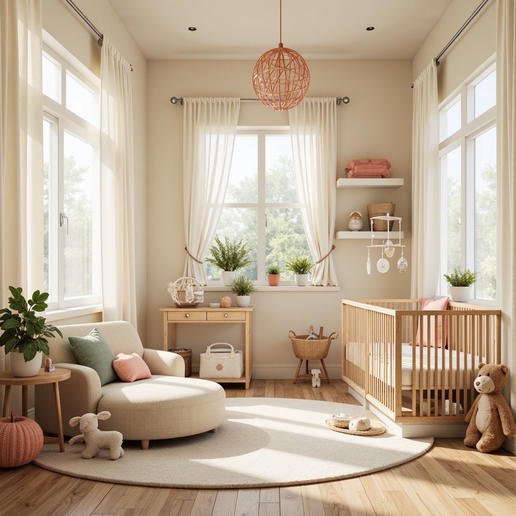 Prompt: Soft cream walls, gentle peach accents, calming sage greenery, warm beige furniture, plush toys, delicate florals, whimsical mobiles, creamy white curtains, natural wood cribs, rounded edges, subtle textures, muted pastels, warm golden lighting, shallow depth of field, 1/1 composition, inviting atmosphere.