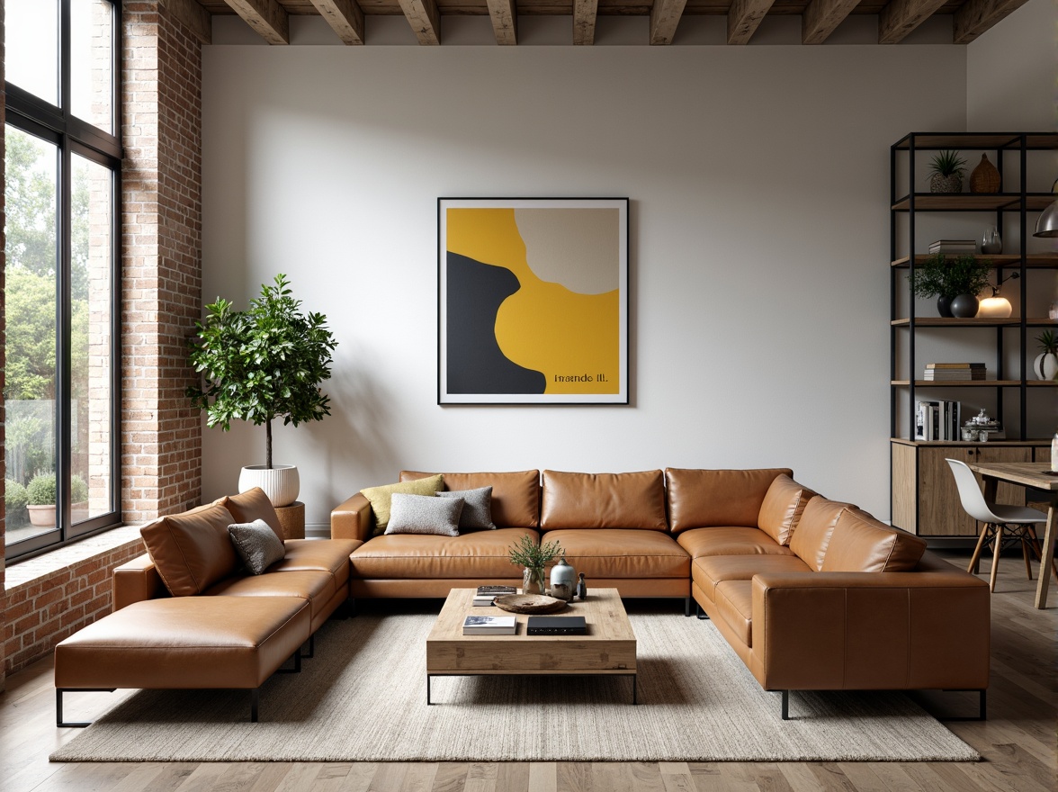 Prompt: Minimalist living room, industrial materials, metal frames, leather upholstery, functional simplicity, geometric shapes, primary color palette, bold typography, clean lines, minimal ornamentation, rectangular forms, functional storage solutions, adjustable lighting systems, neutral color tones, distressed wood accents, woven textiles, artisanal craftsmanship, abstract artwork, natural light pouring in, shallow depth of field, 1/1 composition, realistic textures, ambient occlusion.