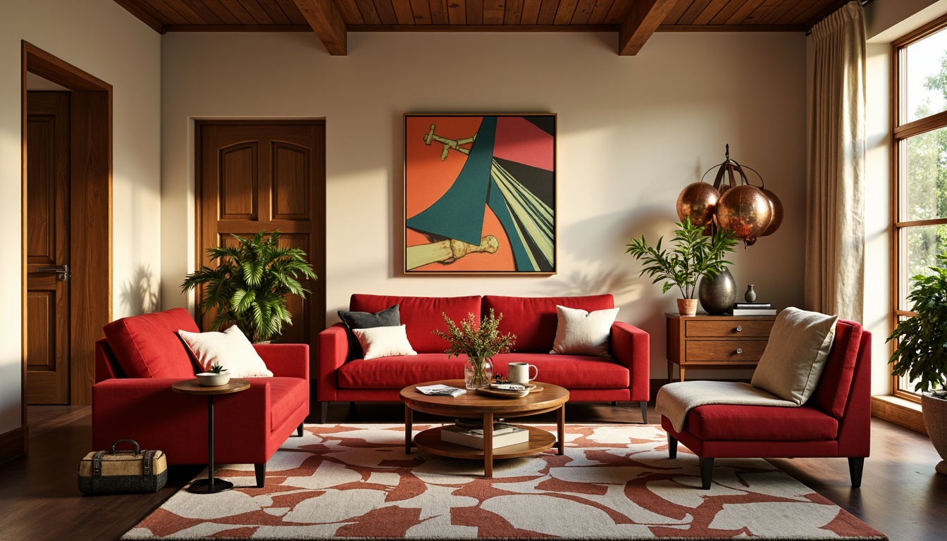 Prompt: Vibrant living room, bold color scheme, warm golden lighting, rich wood accents, plush velvet furniture, metallic copper decorations, statement artwork, geometric patterns, soft cream-colored walls, dark chocolate brown floors, cozy throw blankets, eclectic decorative accessories, modern abstract rug, 1/1 composition, natural daylight, soft focus, warm atmosphere.