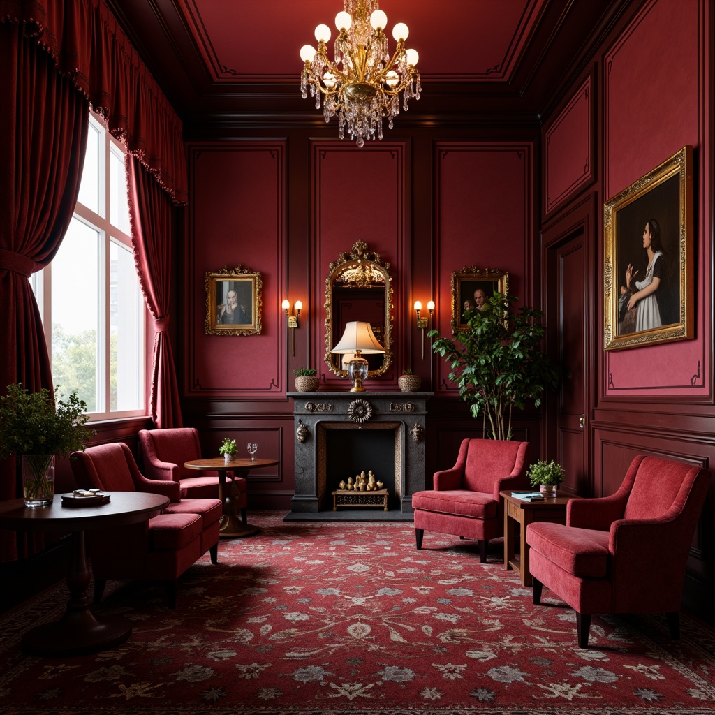 Prompt: Rich burgundy walls, luxurious velvet upholstery, dark wooden furniture, ornate golden frames, lavish crystal chandeliers, plush burgundy carpets, intricate floral patterns, soft warm lighting, cozy intimate atmosphere, elegant classic design, sophisticated color scheme, vintage decorative accents, refined metallic details, subtle texture variations, 1/1 composition, shallow depth of field, realistic render.