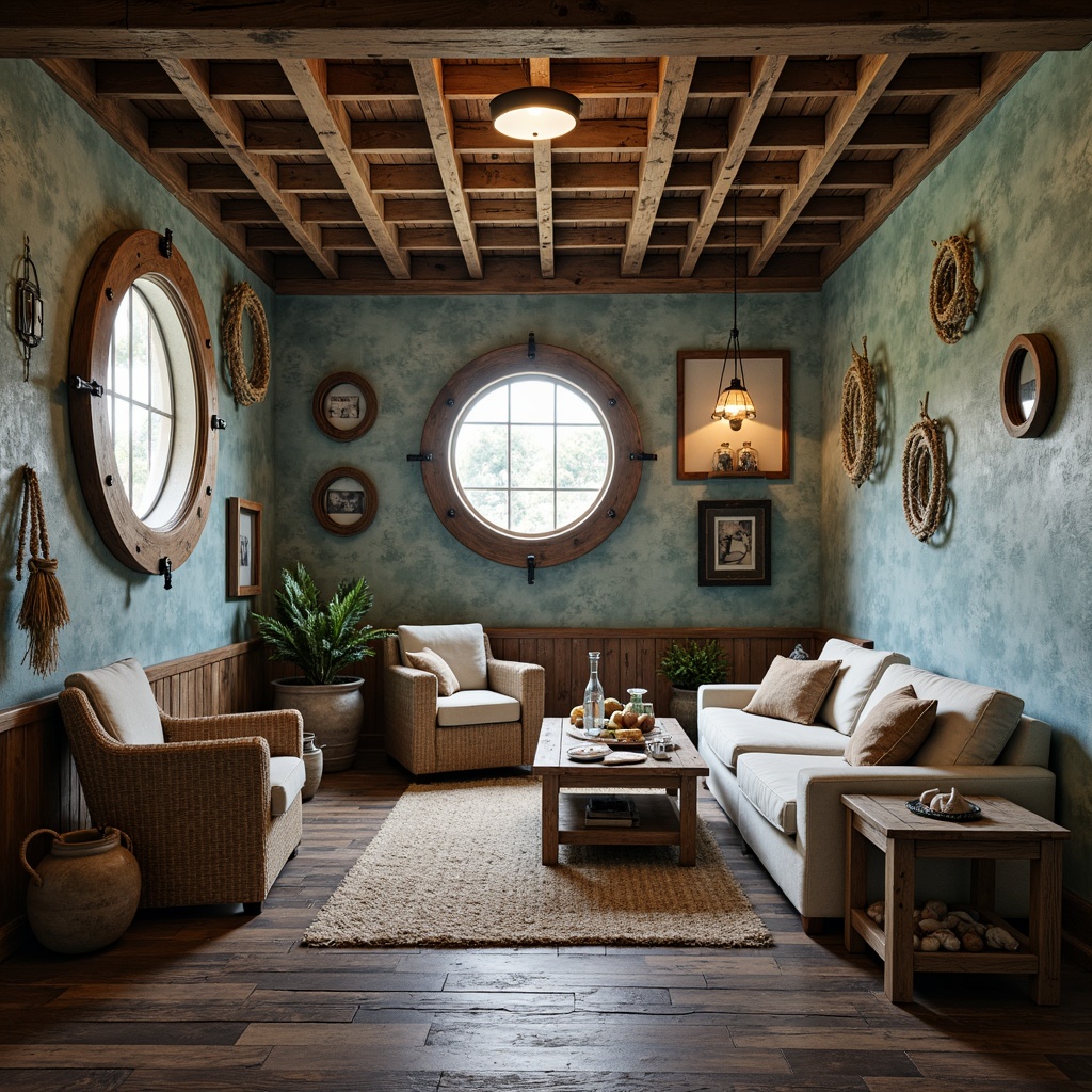 Prompt: Rustic basement, textured walls, driftwood accents, nautical ropes, ocean-inspired color palette, calming blue hues, sandy beige tones, weathered wooden planks, porthole windows, industrial metal lighting, reclaimed wood furniture, natural fiber rugs, woven sea grass baskets, shells and pebbles decor, soft warm glow, low-key ambient lighting, 1/2 composition, intimate cozy atmosphere, realistic worn textures.