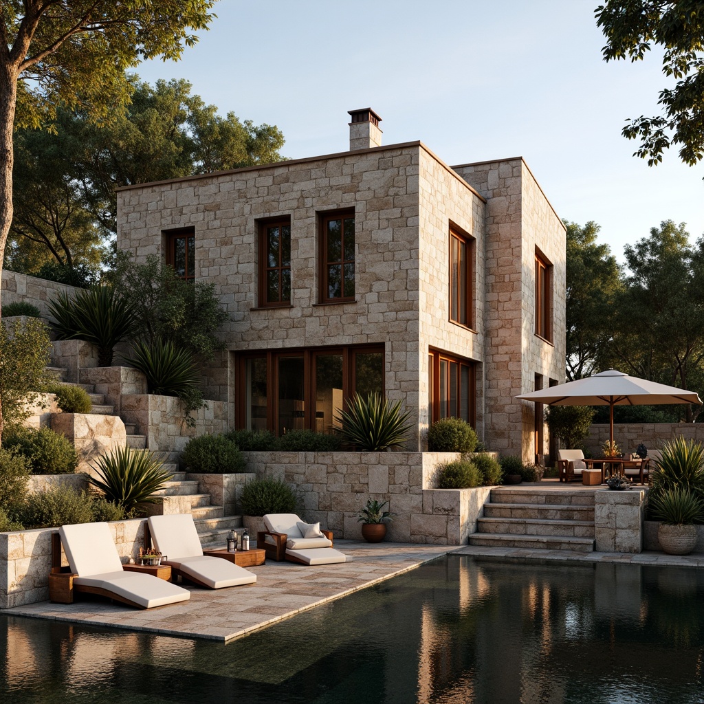 Prompt: Luxurious villa, natural stone fa\u00e7ade, earthy tones, rugged textures, rustic charm, Mediterranean landscape, lush greenery, olive trees, serene ambiance, warm sunlight, soft shadows, 1/2 composition, shallow depth of field, realistic rock formations, ambient occlusion, cozy outdoor spaces, lantern lighting, wooden accents, elegant water features.