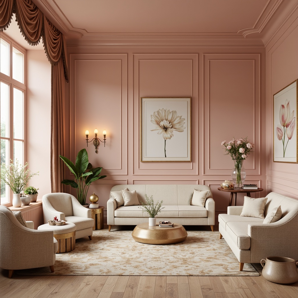 Prompt: Soft rose-hued walls, warm beige flooring, elegant cream-colored furniture, delicate petal-inspired patterns, subtle golden accents, luxurious velvet textiles, romantic candlelight, intimate ambiance, classic ornate details, refined Victorian-era influences, sophisticated neutral tones, natural linen fabrics, airy open spaces, gentle diffused lighting, 1/1 composition, inviting atmosphere.