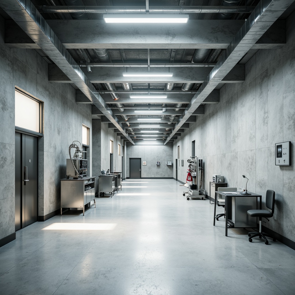 Prompt: Industrial hospital interior, textured concrete walls, exposed ductwork, metallic pipes, stainless steel equipment, medical devices, neutral color palette, fluorescent lighting, polished floors, minimalist decor, functional furniture, clean lines, modern architecture, subtle gradient effects, soft box shadows, 1/1 composition, realistic textures, ambient occlusion.