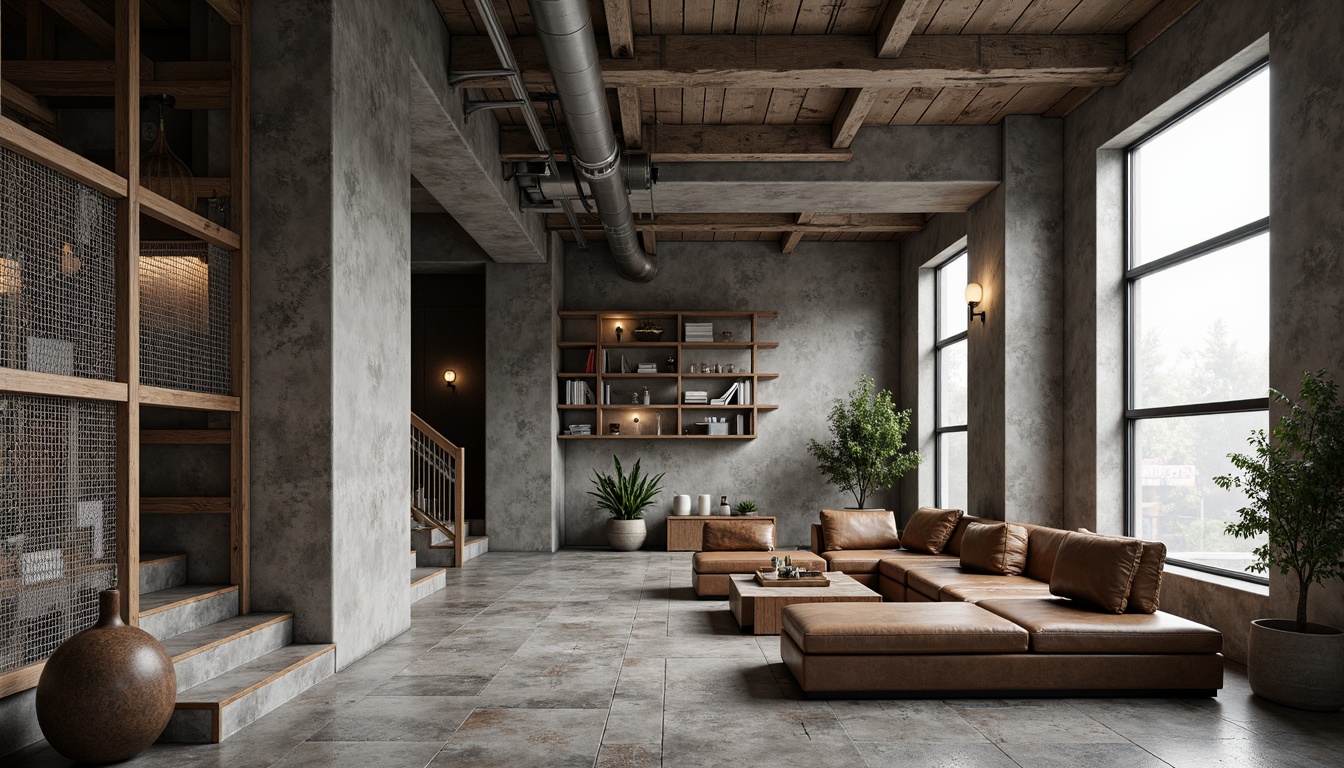 Prompt: Raw concrete walls, exposed ductwork, industrial metal beams, rough-hewn wooden accents, brutalist architectural style, urban loft atmosphere, minimalist decor, functional lighting fixtures, cold color palette, rugged stone flooring, distressed leather upholstery, metal mesh panels, reclaimed wood furniture, utilitarian aesthetic, dramatic shadows, high-contrast lighting, 1/1 composition, realistic textures, ambient occlusion.