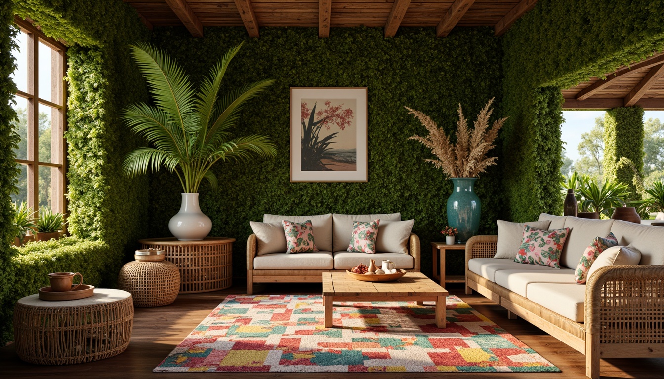 Prompt: Vibrant tropical interior, lush greenery walls, exotic wood accents, rattan furniture, colorful woven textiles, natural fiber rugs, coral-inspired decorative accessories, ocean-blue glass vases, warm golden lighting, soft beachy ambiance, 1/1 composition, intimate atmosphere, realistic textures, ambient occlusion.