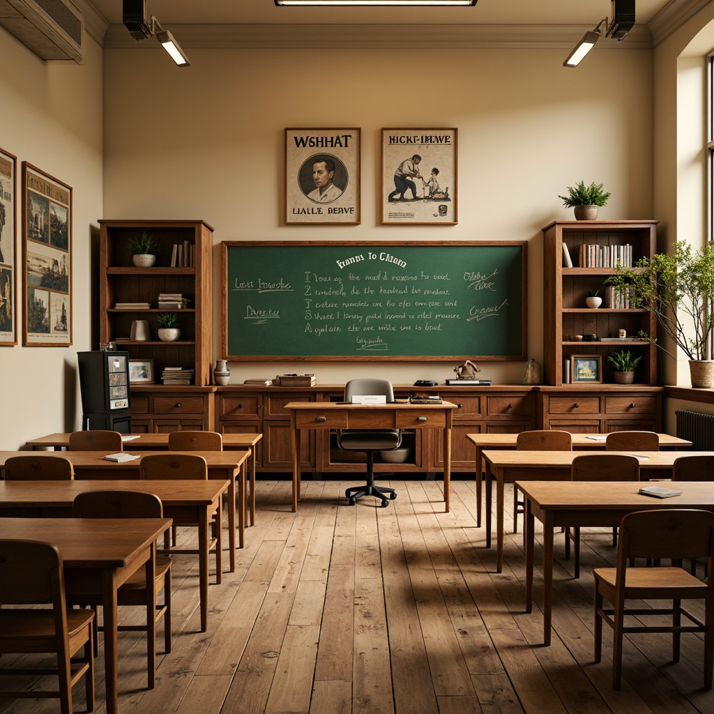 Prompt: Traditional wooden desks, comfortable student chairs, classic green chalkboards, wooden cabinetry, warm beige walls, natural oak flooring, soft box lighting, cozy reading nooks, vintage-inspired educational posters, wooden teacher's desk, rustic metal legs, distressed wood accents, earthy color palette, symmetrical composition, realistic textures, subtle ambient occlusion.