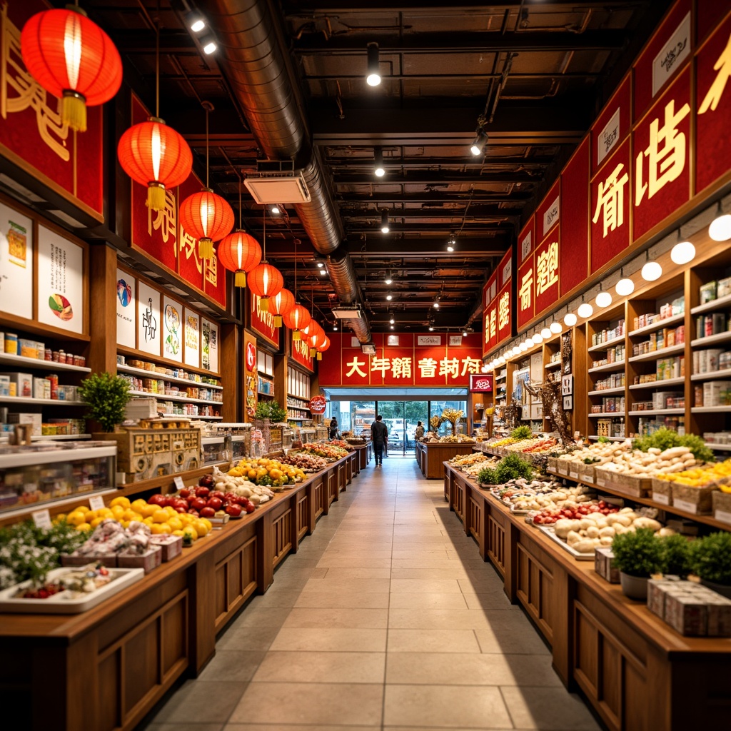 Prompt: Vibrant Asian grocery store, bold red and gold accents, traditional Chinese lanterns, modern LED signage, eye-catching sale banners, colorful product displays, authentic Asian ingredients, cultural decorations, intricate wooden carvings, ornate metal fixtures, warm yellow lighting, shallow depth of field, 1/1 composition, realistic textures, ambient occlusion.