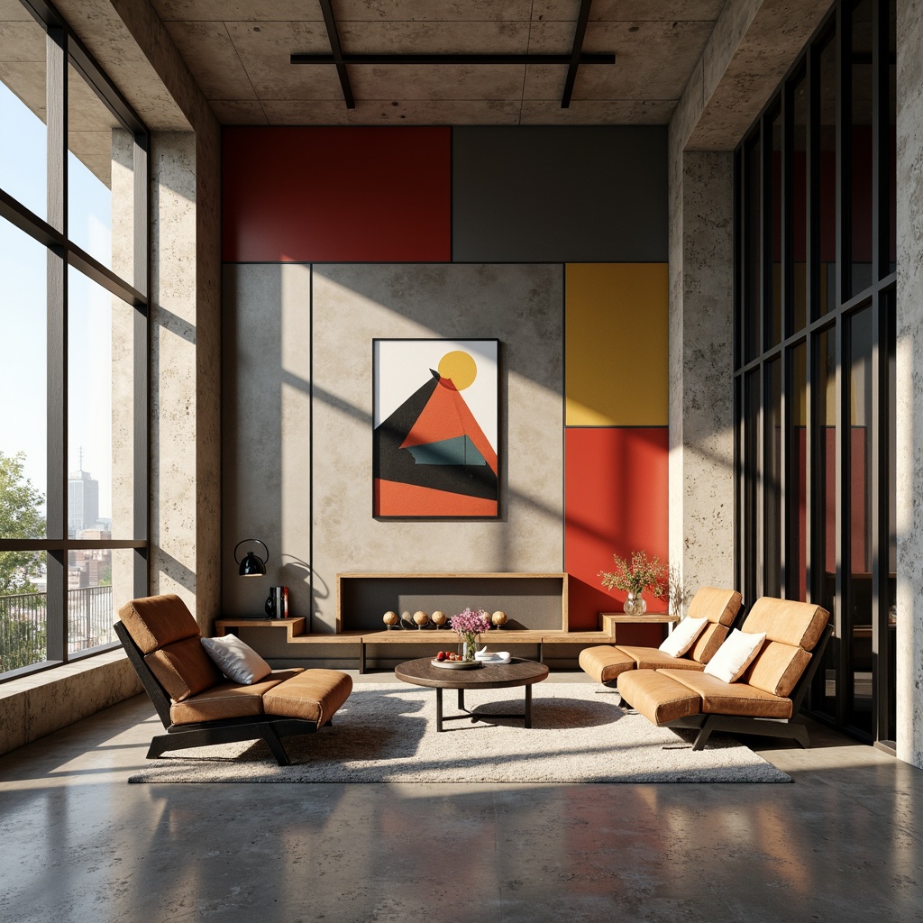 Prompt: Modern minimalist walls, sleek surfaces, bold accent colors, geometric patterns, metallic finishes, industrial chic textures, urban loft atmosphere, reclaimed wood accents, polished concrete, abstract artwork, floor-to-ceiling windows, natural light pouring in, soft warm glow, 1/1 composition, shallow depth of field, realistic rendering.