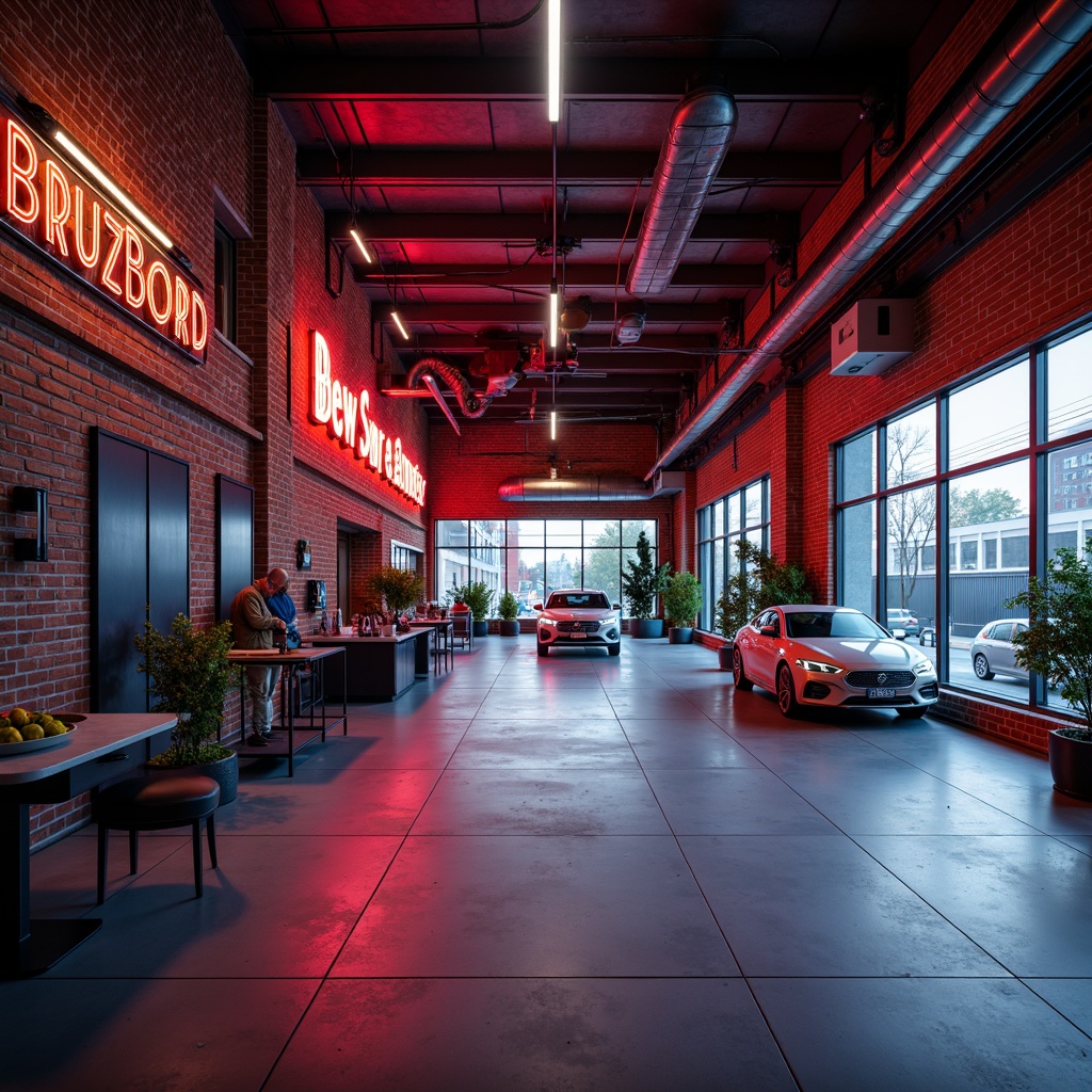 Prompt: Industrial-style garage, exposed brick walls, metallic accents, neon signs, concrete floors, bold color scheme, vibrant hues, bright lighting, modern fixtures, sleek lines, urban atmosphere, 3/4 composition, shallow depth of field, realistic textures, ambient occlusion.