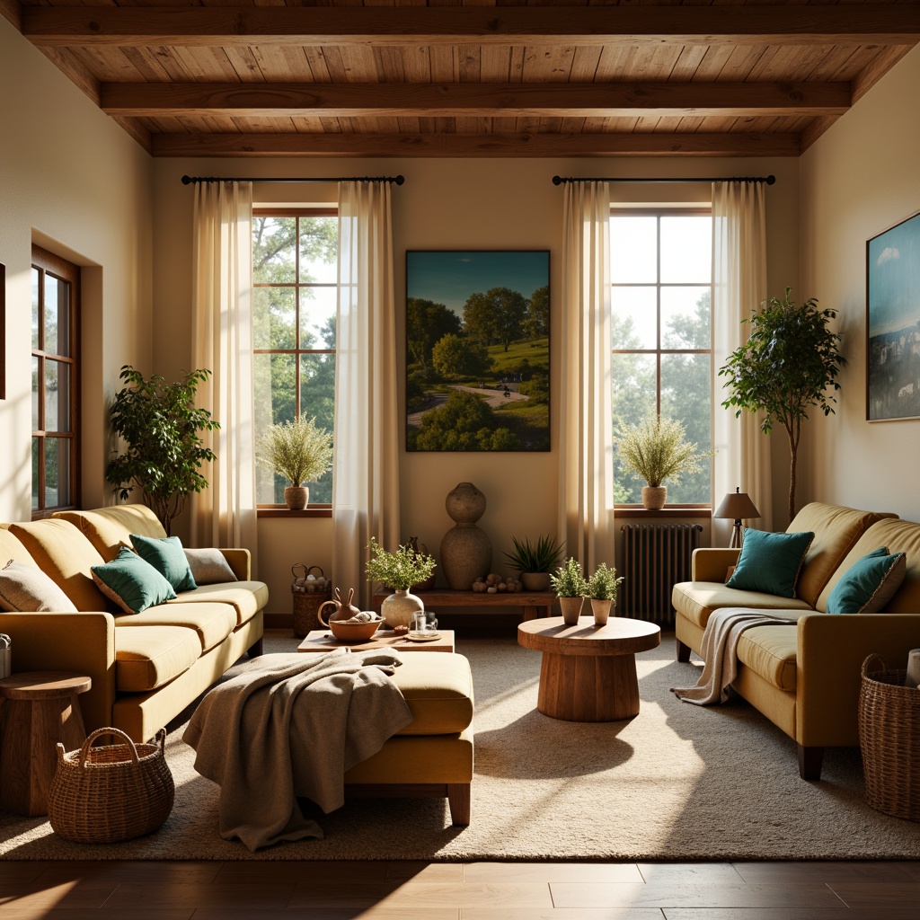 Prompt: Cozy living room, warm beige walls, rich walnut wood furniture, plush velvet sofas, soft golden lighting, comforting earthy tones, calming turquoise accents, natural linen fabrics, woven wicker baskets, rustic wooden coffee tables, lush green plants, serene morning atmosphere, warm sunlight, gentle shadows, shallow depth of field, 1/1 composition, realistic textures.