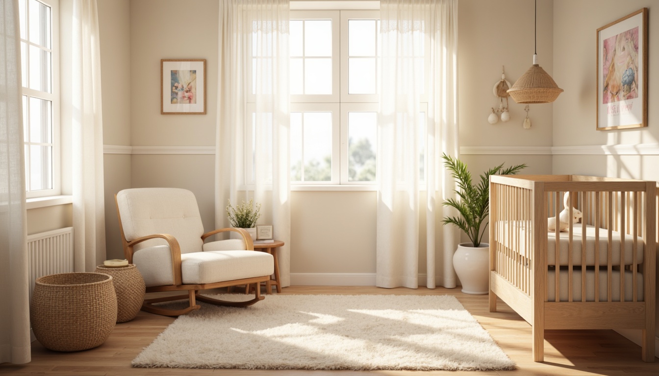 Prompt: Soft pastel hues, gentle drapery, sheer curtains, delicate lace trim, warm natural light, cozy nursery atmosphere, plush area rug, comfortable glider, sweet baby crib, adorable wall art, tender color palette, creamy whites, pale pinks, baby blues, soft yellows, tranquil ambiance, 1/1 composition, intimate close-up shots, warm golden lighting, subtle texture overlays.