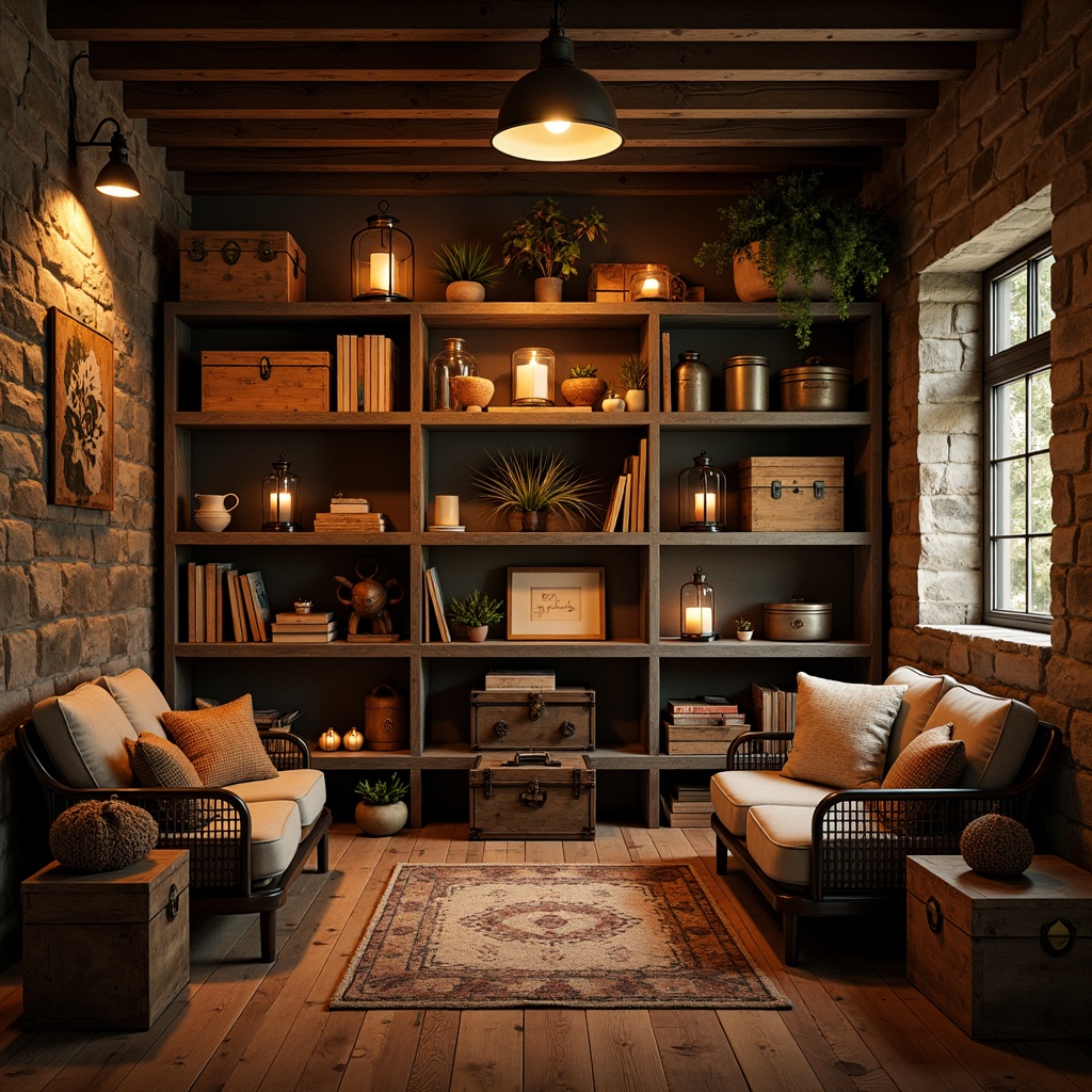 Prompt: Cozy rustic storage room, warm candlelight, soft lanterns, industrial metal shelving, reclaimed wood crates, vintage trunks, distressed wooden accents, earthy color palette, stone walls, exposed brick, dimmed overhead lighting, warm-toned pendant lamps, rustic metal chandeliers, cozy reading nooks, plush throw blankets, natural fiber rugs, woven baskets, mason jars, antique storage containers, soft warm ambiance, shallow depth of field, 1/1 composition, realistic textures, ambient occlusion.