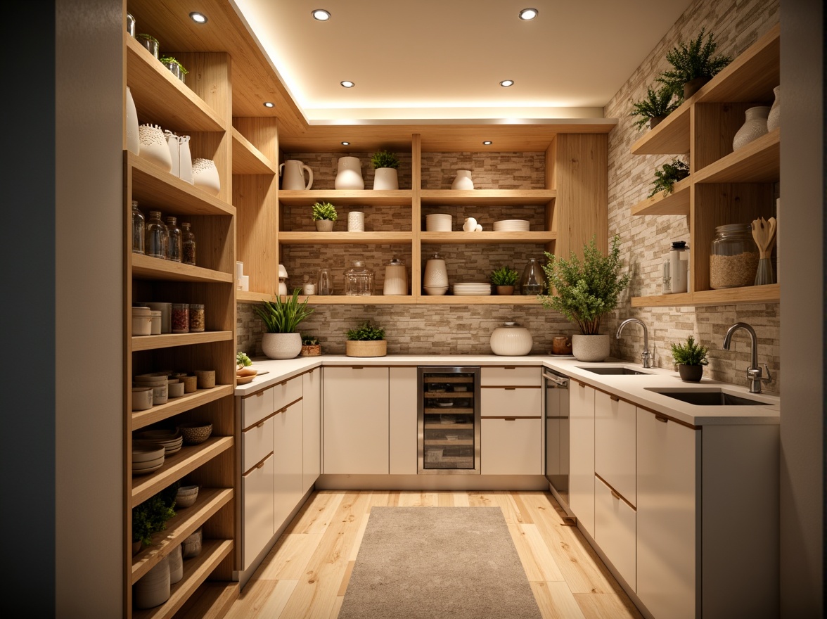 Prompt: Cozy pantry, warm ambient lighting, soft LED strips, recessed ceiling lights, under-cabinet task lights, polished chrome fixtures, modern minimalist design, sleek linear profiles, energy-efficient solutions, dimmable options, bright white tones, warm beige accents, natural wood shelves, glass containers, decorative jars, rustic stone walls, earthy color palette, 1/1 composition, soft focus, shallow depth of field.