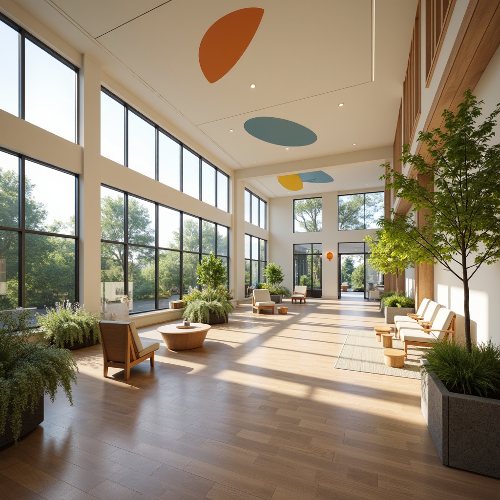 Prompt: Calming rehabilitation center, soothing color scheme, gentle pastel hues, creamy whites, warm beige tones, natural wood accents, earthy brown floors, soft blue undertones, uplifting yellow highlights, inspiring orange pops, comfortable seating areas, cozy reading nooks, abundant natural light, floor-to-ceiling windows, lush greenery views, peaceful outdoor spaces, serene water features, calming soundscapes, subtle texture variations, gentle pattern repeats, 1/3 composition, warm soft lighting, shallow depth of field.