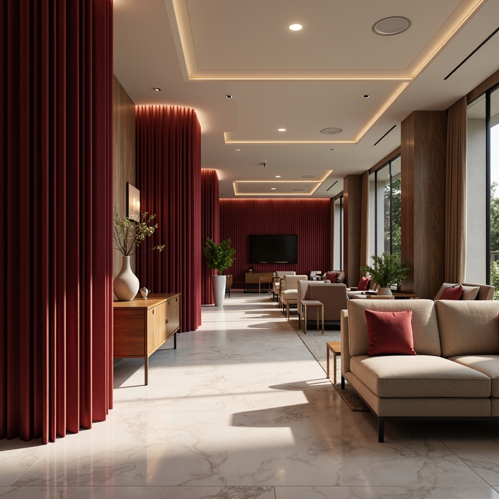 Prompt: Elegant burgundy accent walls, luxurious marble floors, sophisticated contemporary design, warm ambient lighting, soft box lights, recessed ceiling lights, floor-to-ceiling windows, natural daylight, subtle LED strips, rich wood tones, metallic accents, sleek minimalist furniture, refined texture contrast, atmospheric shadows, high-contrast ratio, 1/2 composition, dramatic spotlights, realistic material reflections.