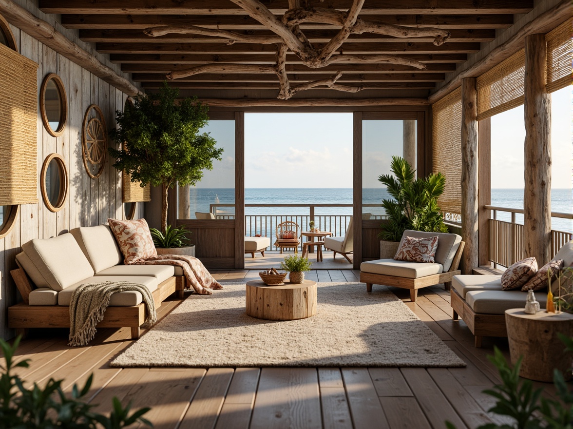 Prompt: Driftwood accents, woven sea grass, ocean-inspired color palette, weathered wooden planks, natural stone walls, nautical ropes, porthole windows, coral patterned textiles, shell embellishments, beachy soft furnishings, calming ambiance, warm golden lighting, shallow depth of field, 1/1 composition, realistic renderings, ambient occlusion.