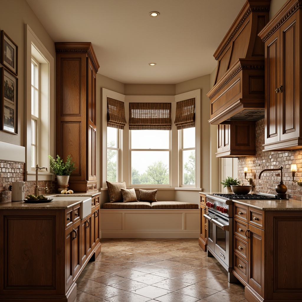 Prompt: Traditional kitchen, warm wooden tones, ornate carvings, crown molding details, soft-close cabinetry, distressed finishes, antique hardware, farmhouse sink, apron-front cabinets, decorative range hoods, brick backsplashes, natural stone countertops, earthy color palette, rustic pendant lighting, classic Shaker-style doors, subtle archways, warm beige walls, creamy white trim, cozy breakfast nook, inviting window seat, soft morning light, 1/1 composition, realistic textures.