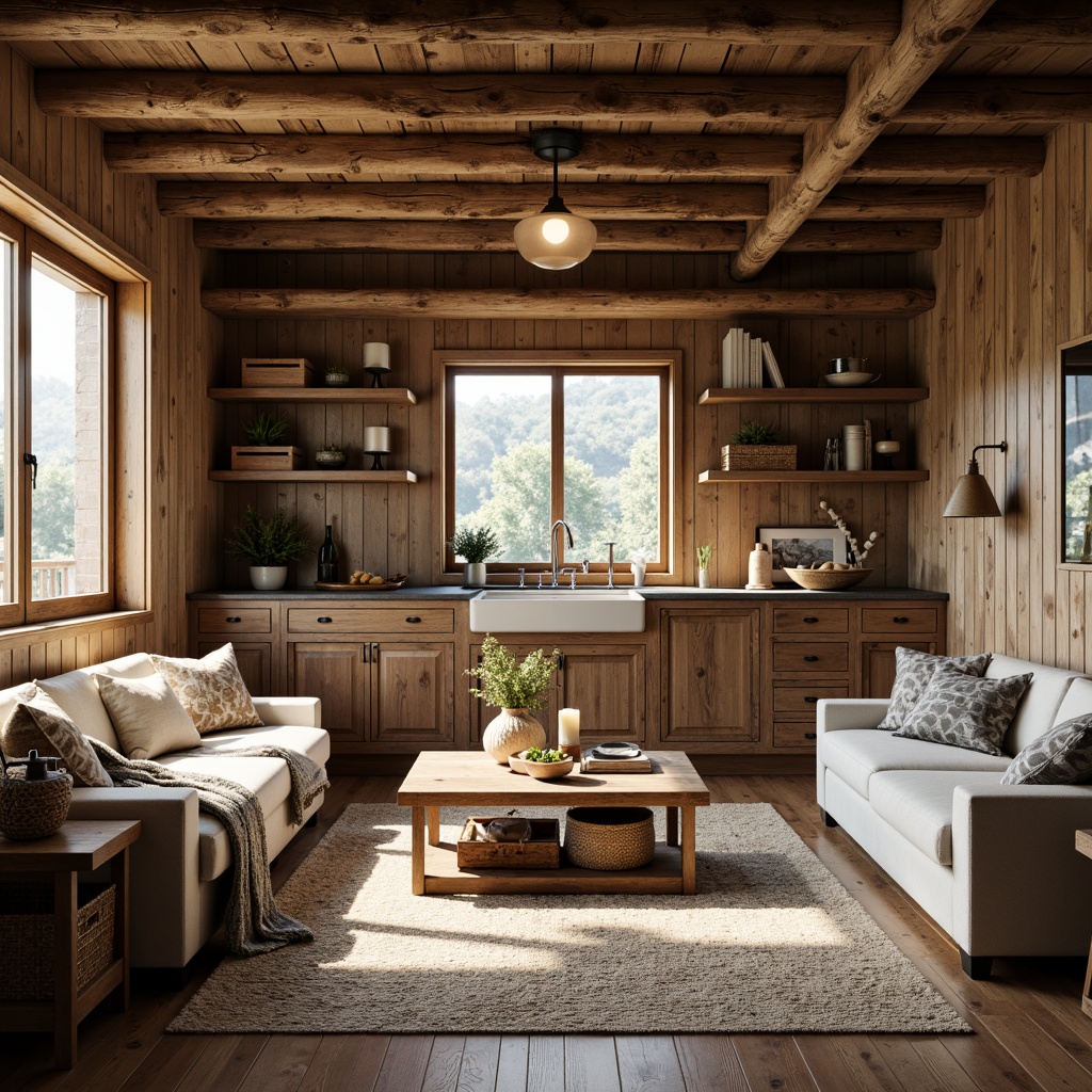 Prompt: Cozy cabin, reclaimed wood accents, vintage decorations, earthy tones, natural textures, rustic metal fixtures, wooden crates, woven baskets, soft candlelight, warm color palette, comfortable seating areas, plush throw blankets, nature-inspired artwork, distressed finishes, organic shapes, functional storage solutions, efficient workflows, open shelving, farmhouse sinks, apron-front cabinets, stone countertops, earthy fragrances, morning sunlight, shallow depth of field, 1/2 composition, realistic textures, ambient occlusion.