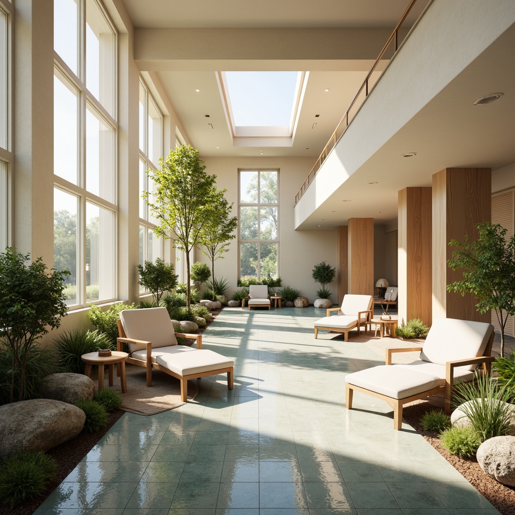 Prompt: Calming rehabilitation center, soft pastel colors, gentle curves, warm beige tones, soothing blue hues, natural wood accents, comfortable seating areas, lush greenery, abundant natural light, subtle texture contrasts, calming water features, serene ambiance, shallow depth of field, 1/1 composition, realistic renderings, ambient occlusion.