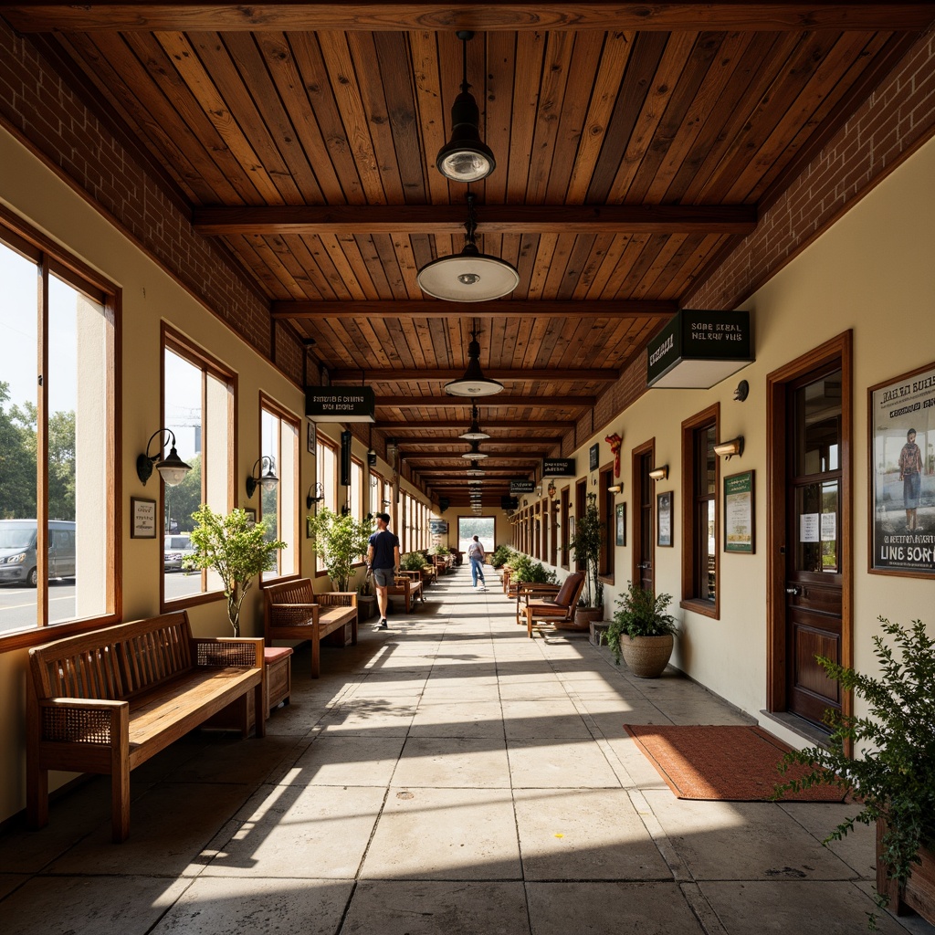 Prompt: Traditional bus station, ornate wooden benches, vintage-style lanterns, classic brick walls, intricate tile flooring, warm beige color scheme, comfortable seating areas, nostalgic atmosphere, soft natural lighting, shallow depth of field, 1/1 composition, realistic textures, ambient occlusion, busy city sounds, subtle smell of fuel, retro-themed advertisements.