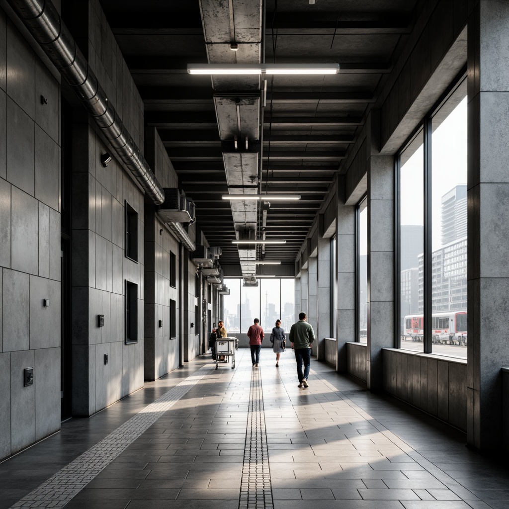 Prompt: Industrial chic train station, minimalist wall finishes, monochromatic color scheme, polished concrete floors, exposed ductwork, sleek metal beams, modern LED lighting, geometric tile patterns, matte finish surfaces, urban textures, busy commuter atmosphere, natural light pouring in, shallow depth of field, 1/1 composition, realistic reflections, ambient occlusion.